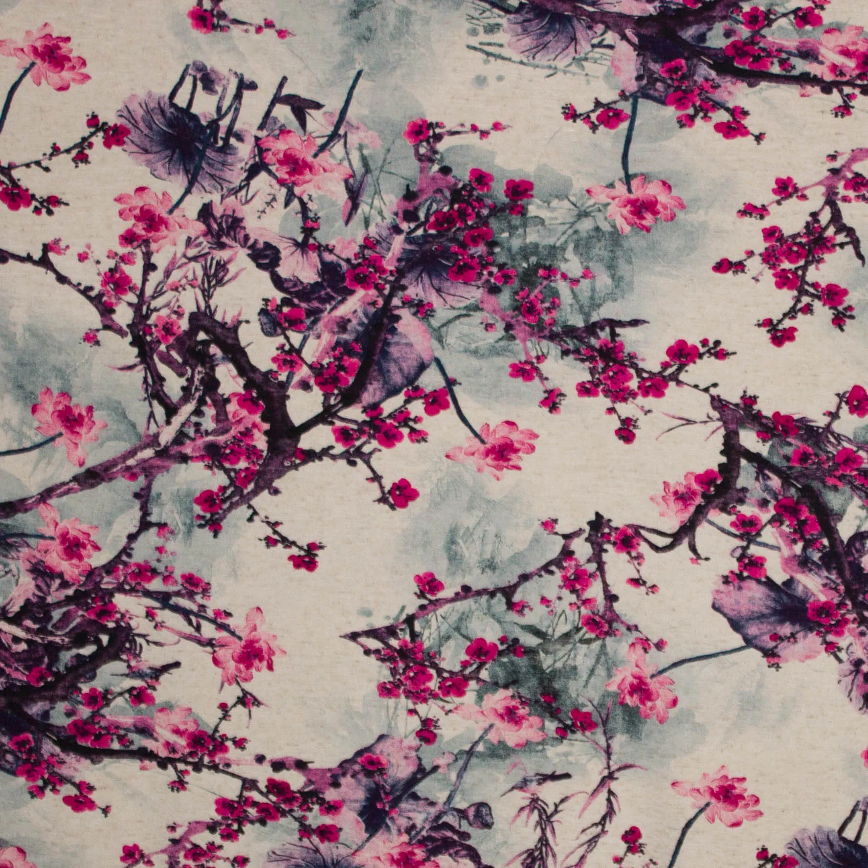 Viscose tricot met takken- en bloemenmotief