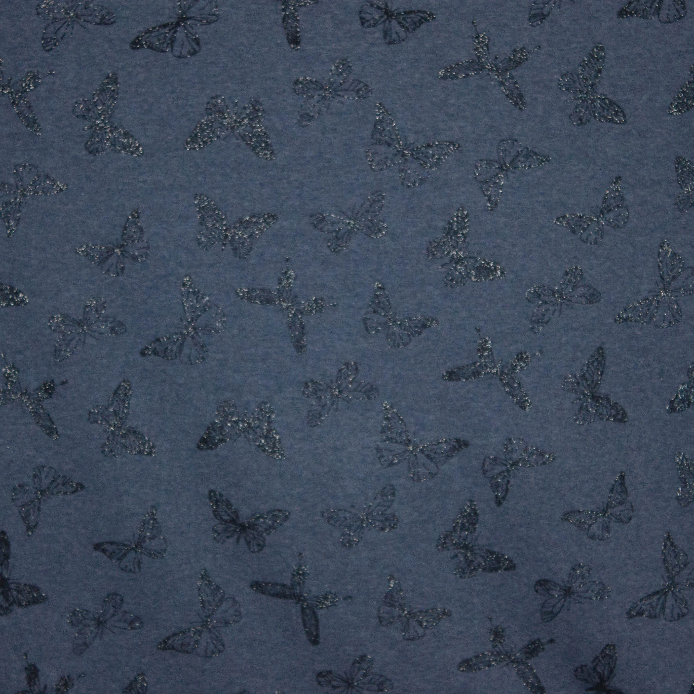 sweaterstof in jeansblauw met glitter vlinders