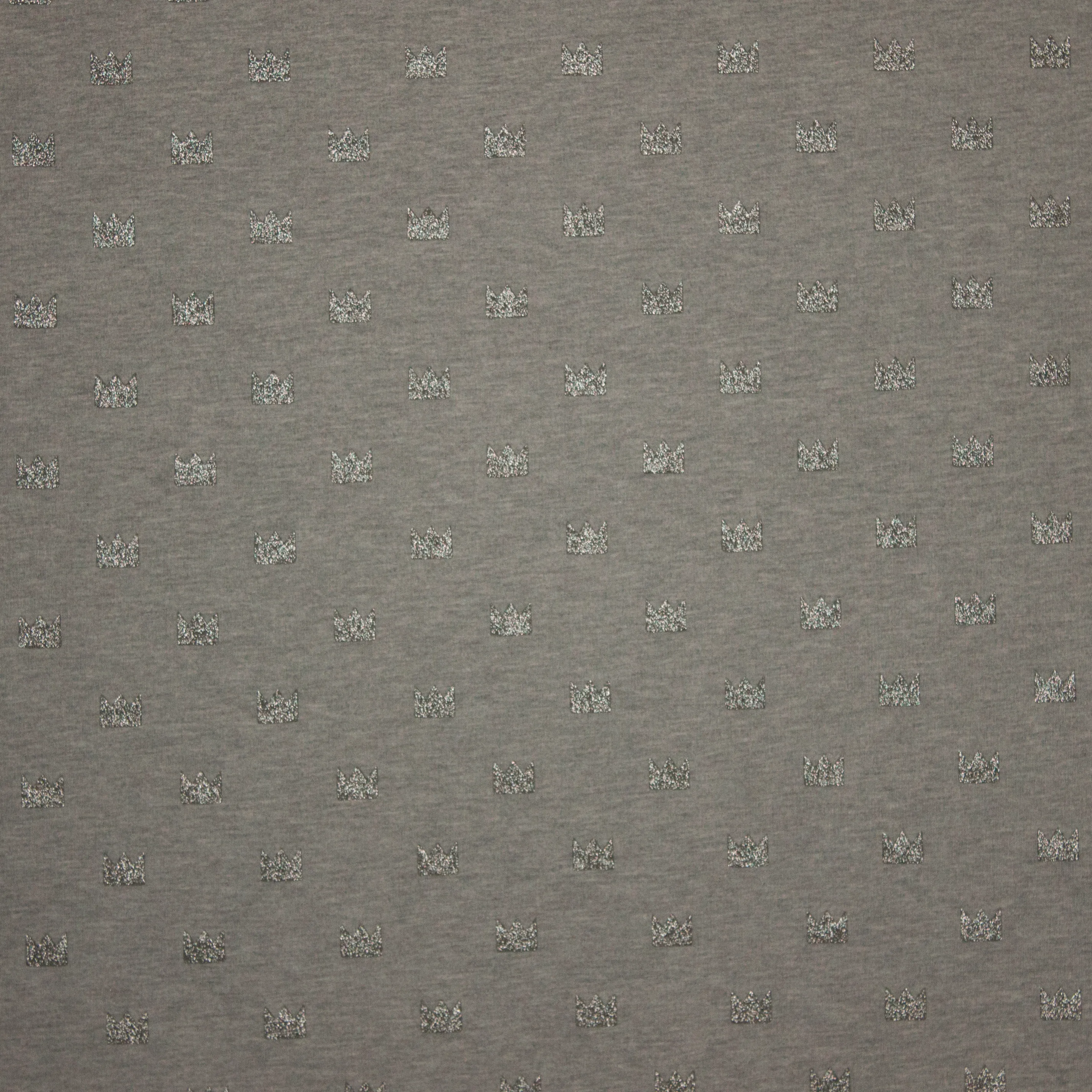 Sweaterstof lichtgrijs met kroontje in zilver glitter