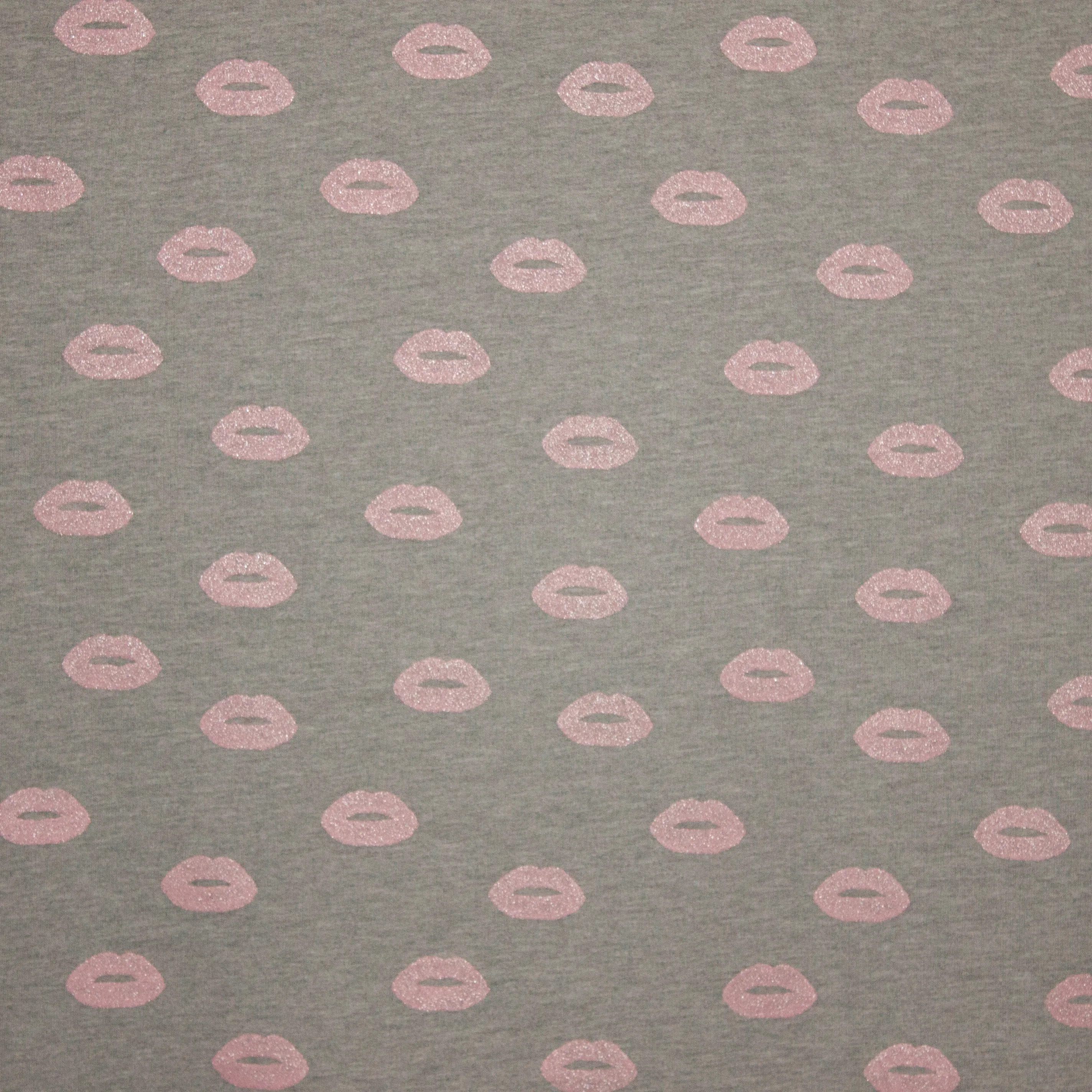 Sweaterstof lichtgrijs met lipjes in roze glitter