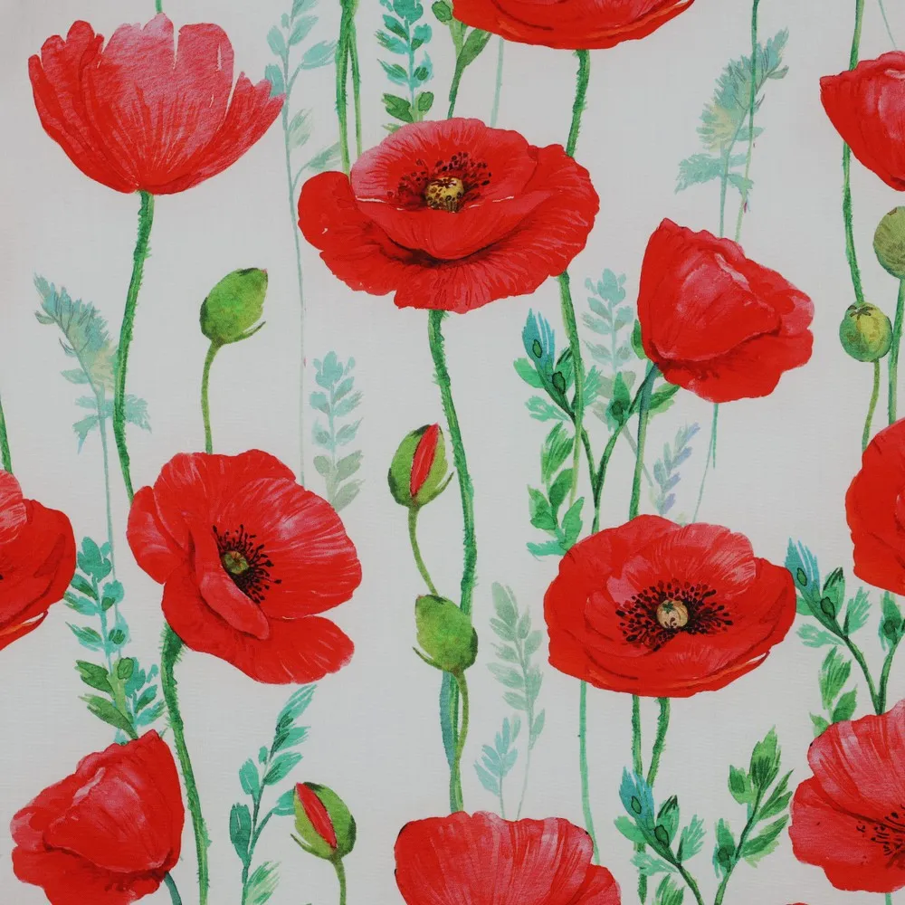 Katoen wit met rode bloemen - Poppy