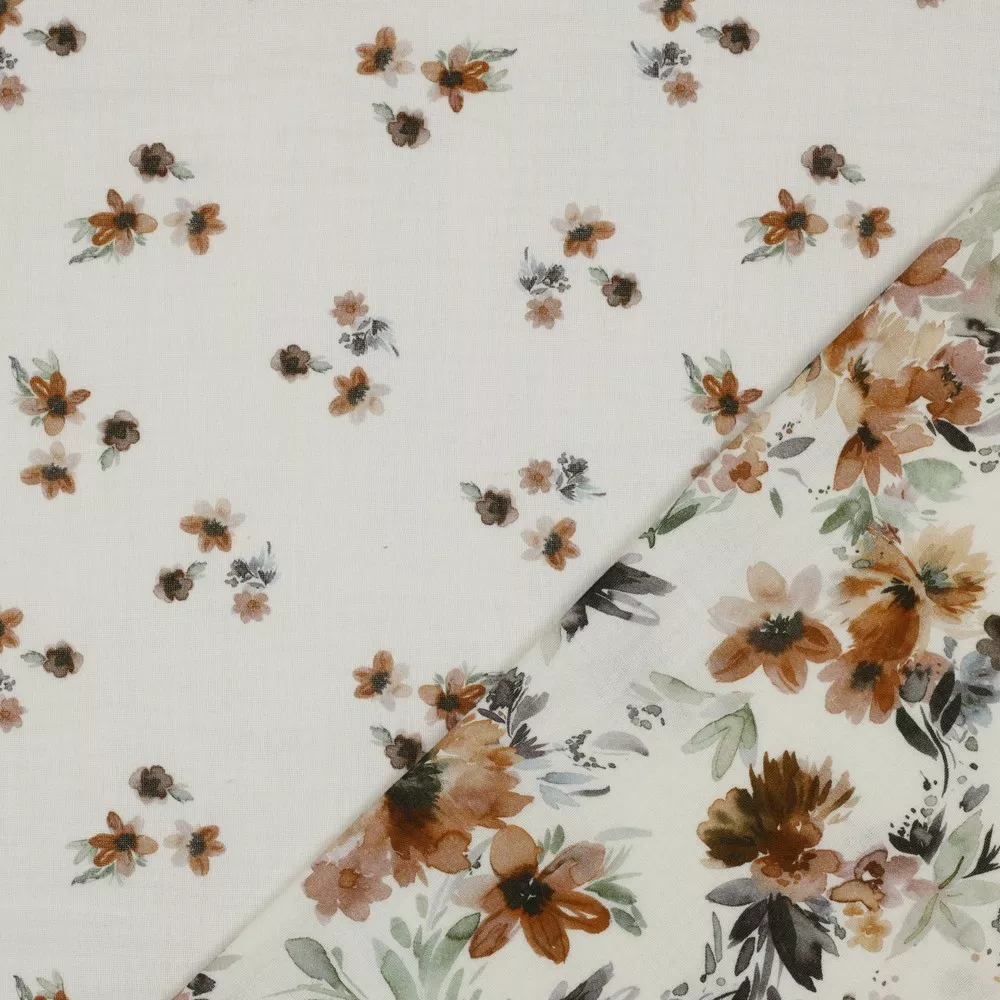 Double gauze wit met bruine bloemen - Poppy