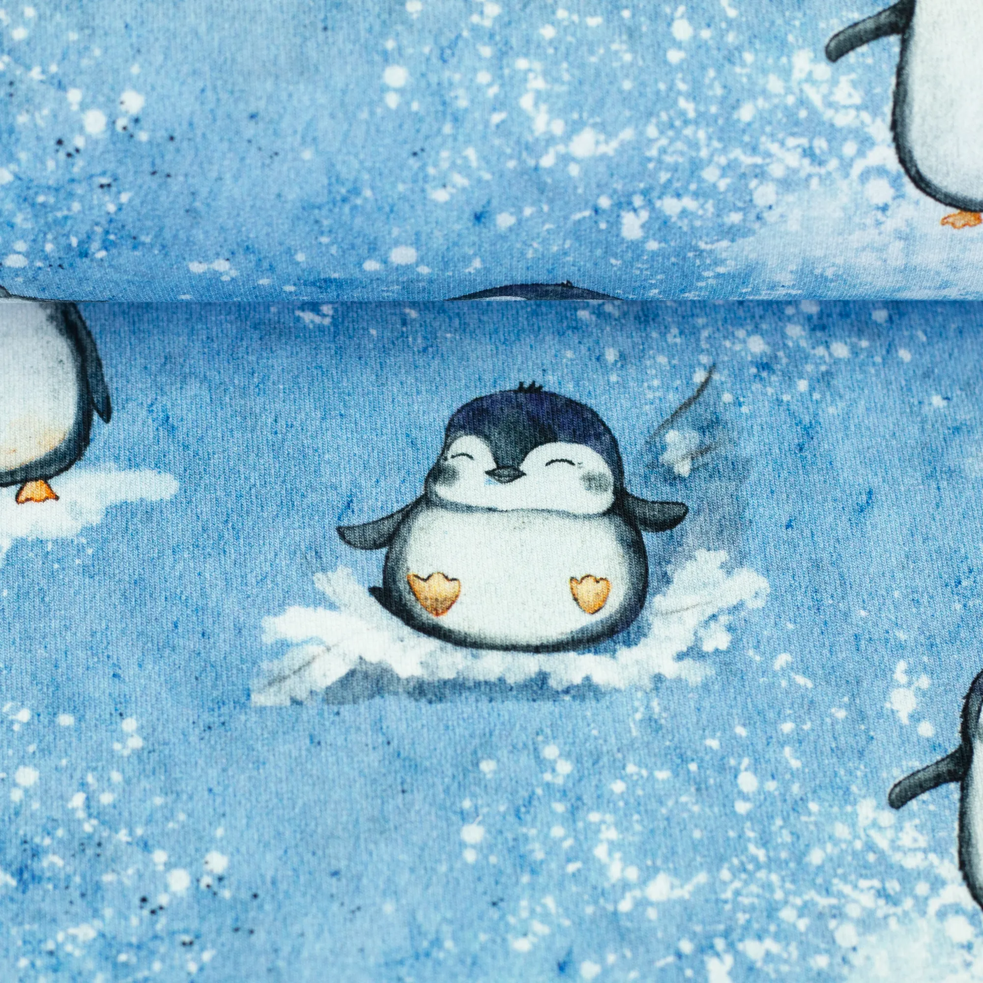 French terry blauw met pinguïns