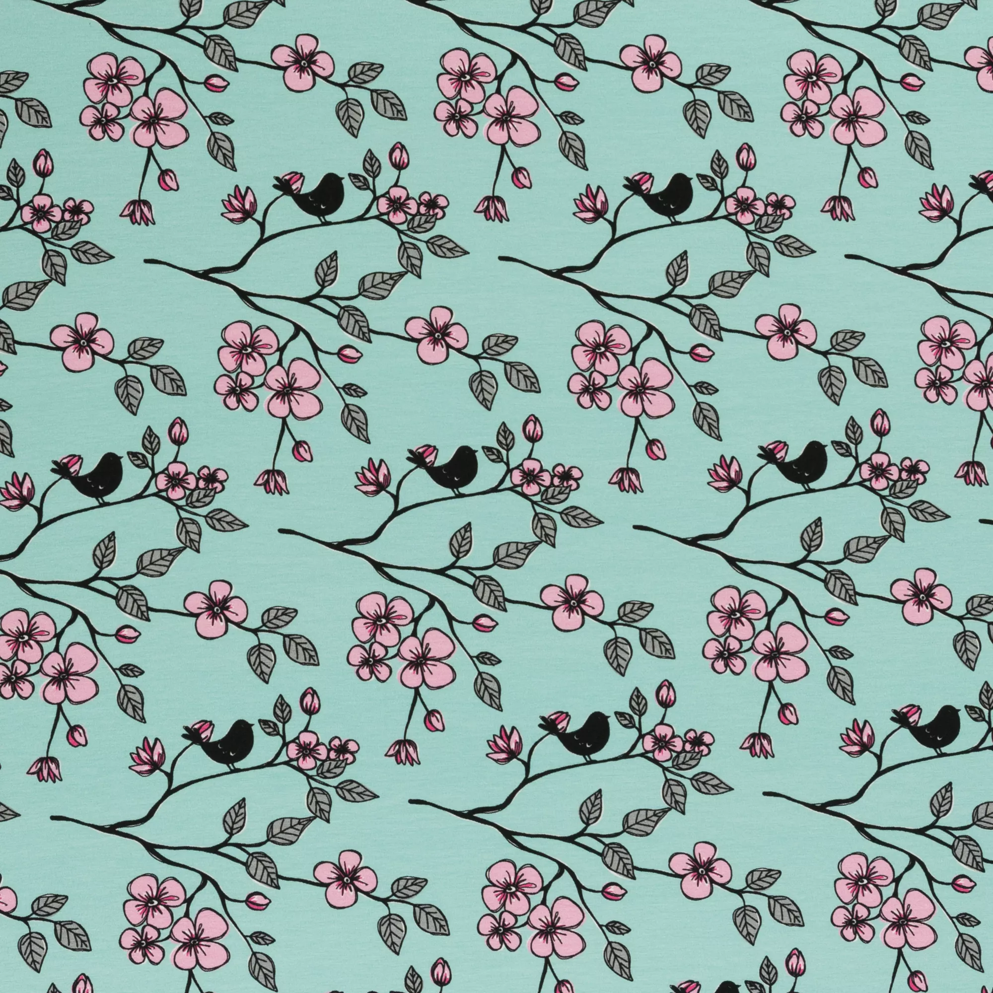 Blauwe tricot met roze bloemen en vogeltjes - Valerie Papillon by Steinbeck