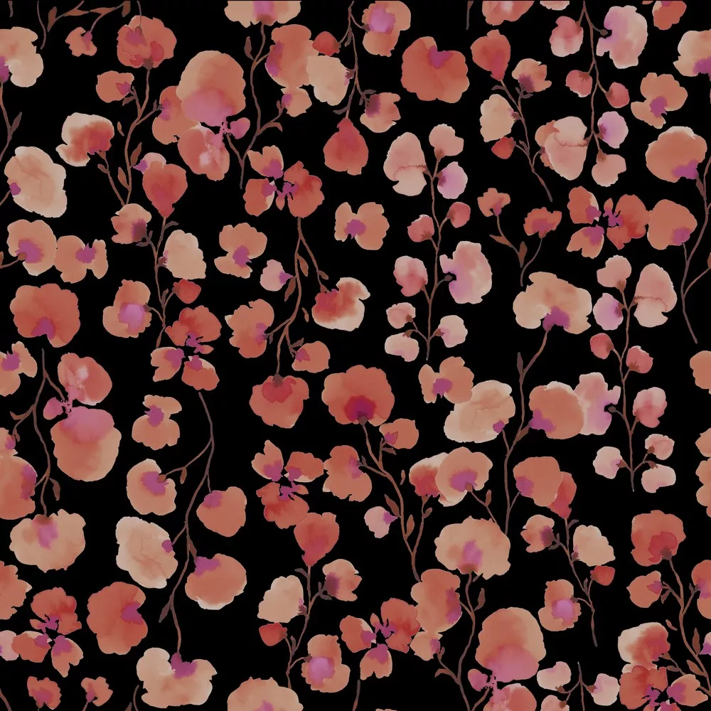 Zwarte french terry met rode bloemen, gebrushte achterkant - Poppy