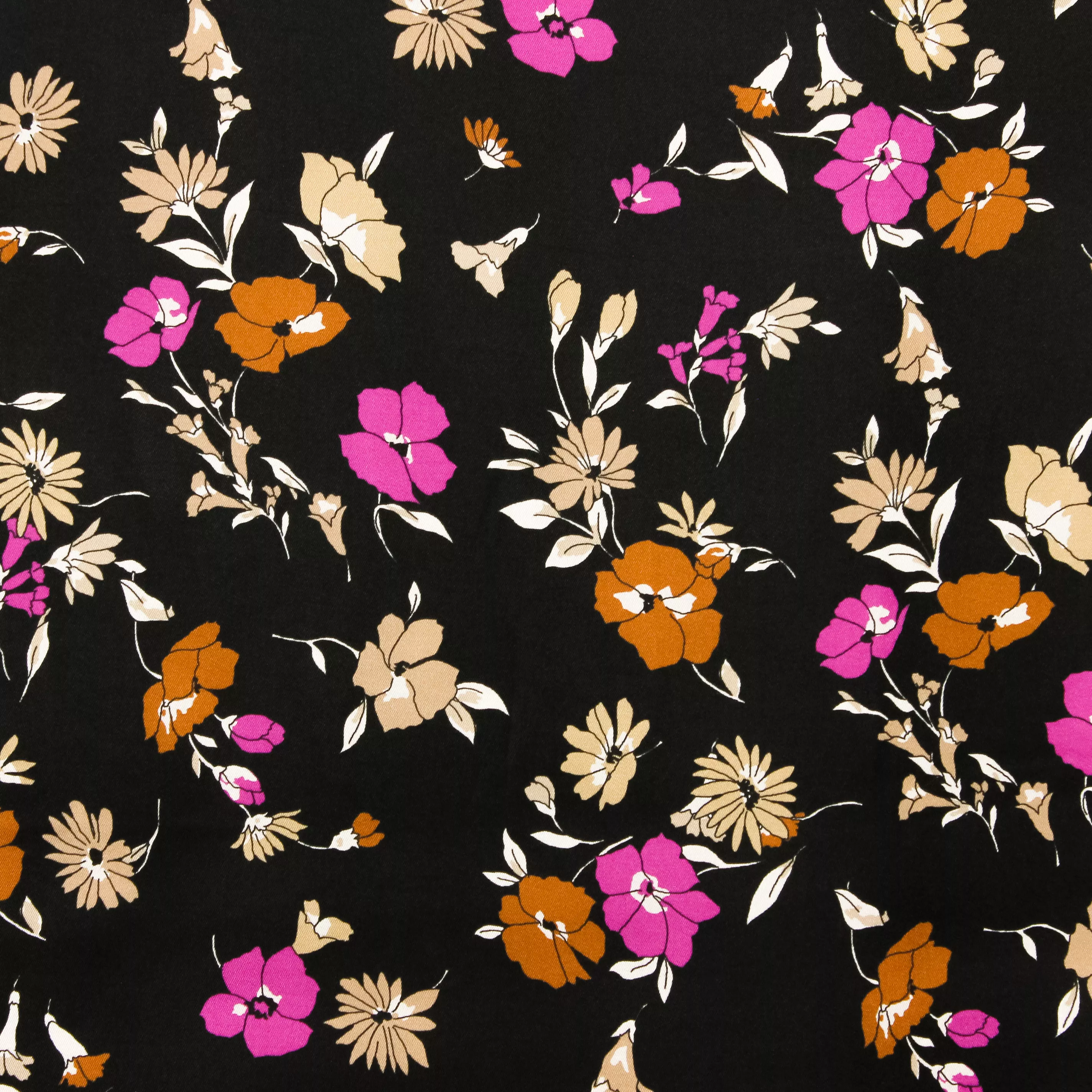Zwarte polyester/viscose mengeling met bloemen