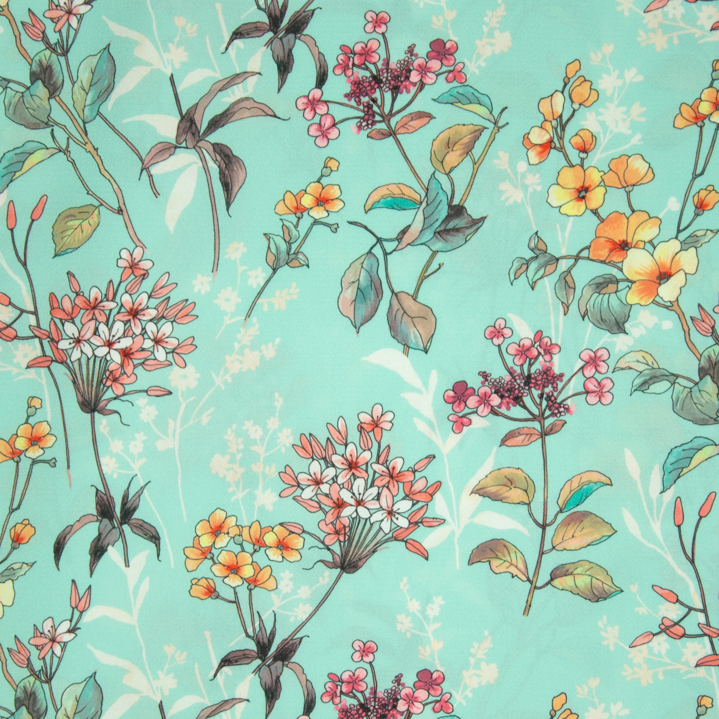 Turquoise Polyester Crêpe met Bloemen