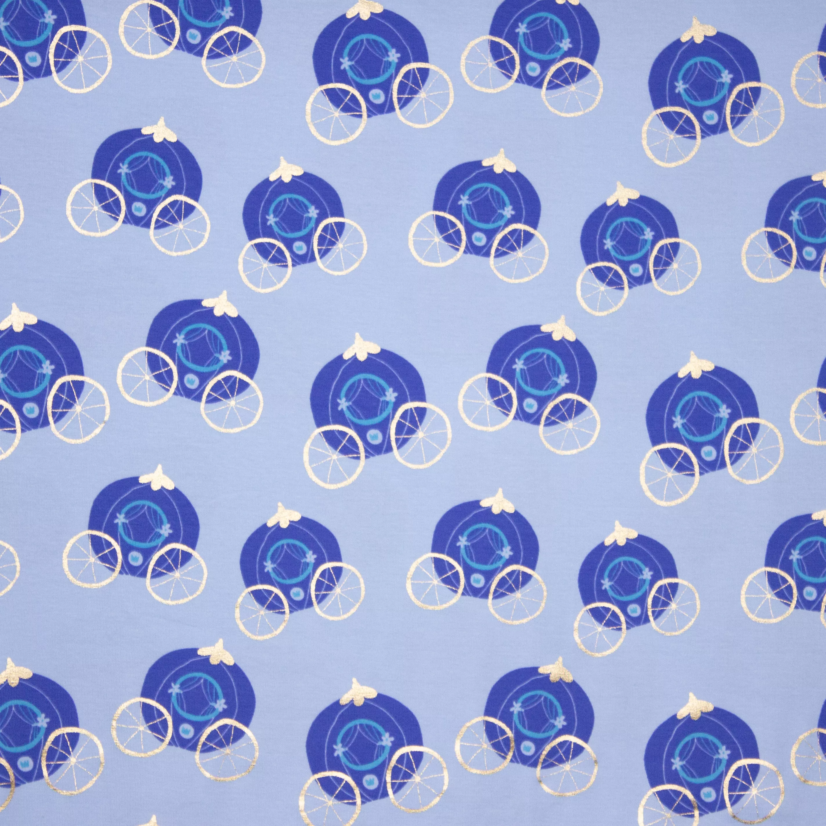 Blauwe tricot met pompoenkoetsen in blauw en goud