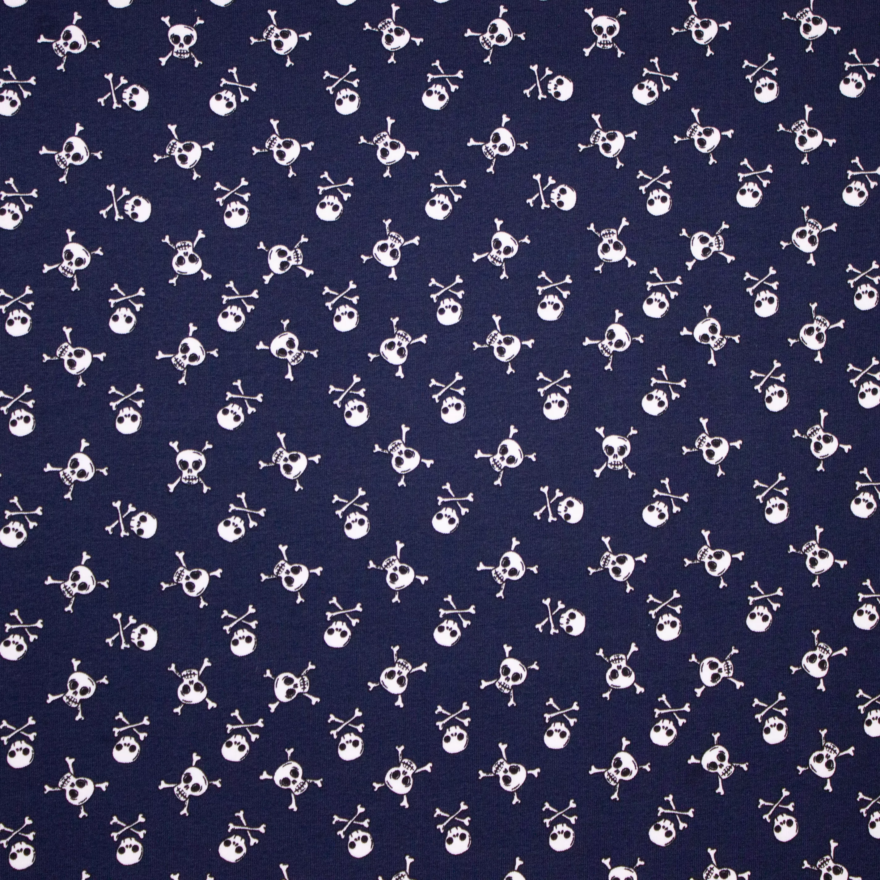 Donkerblauwe katoen tricot met doodshoofden