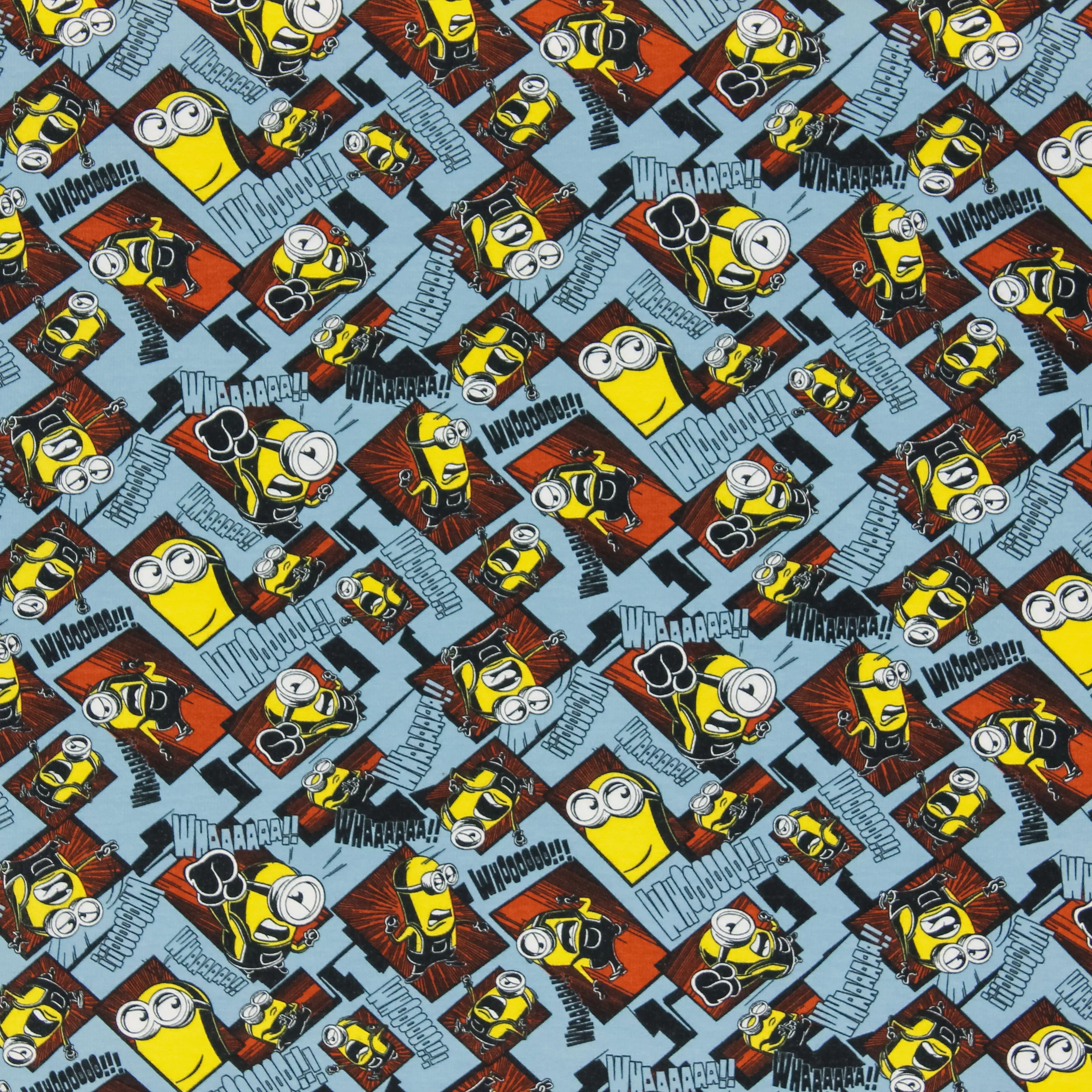 Sweaterstof blauw / roest met gebrushte achterkant en minionprint