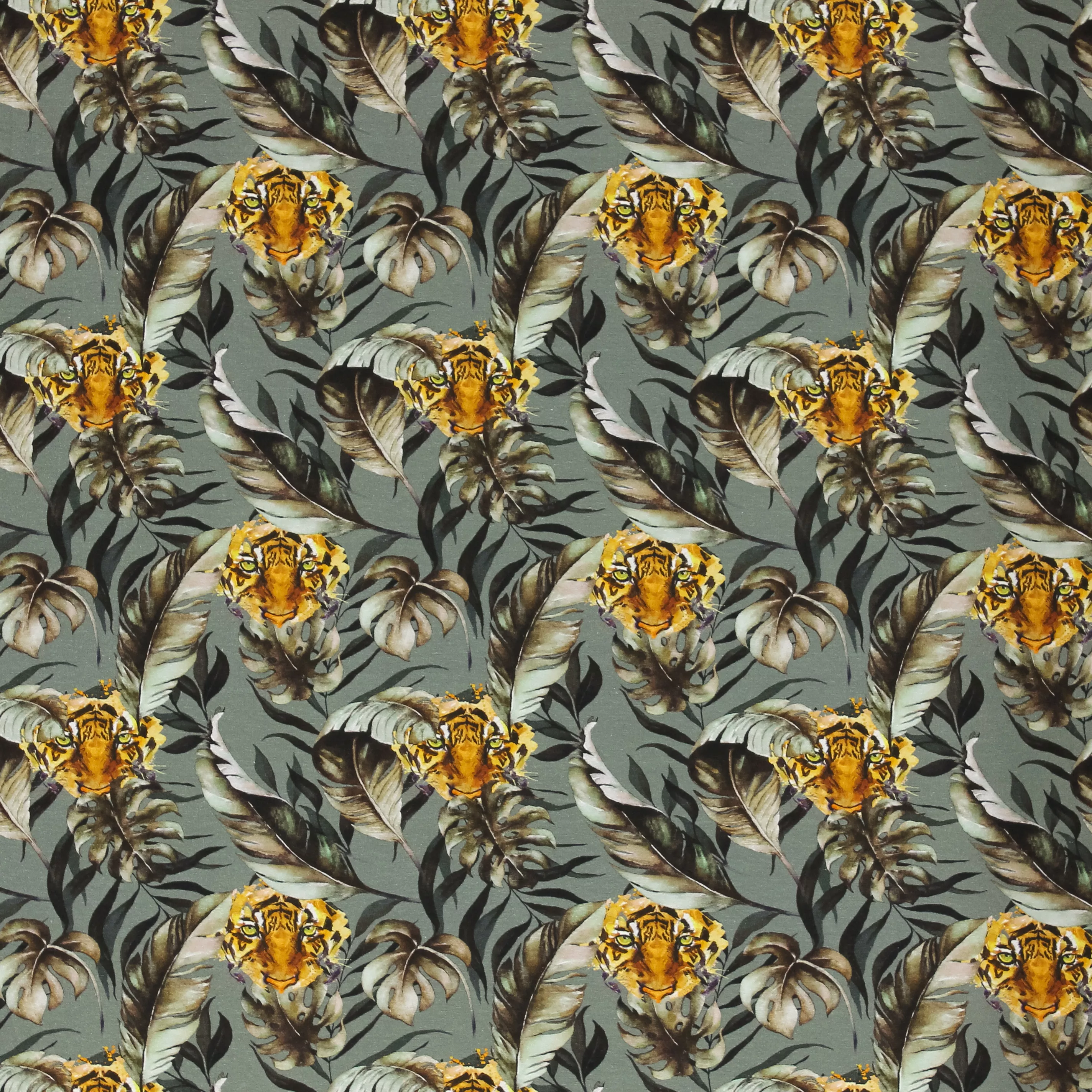 Tricot grijs met tijgerhoofden en planten