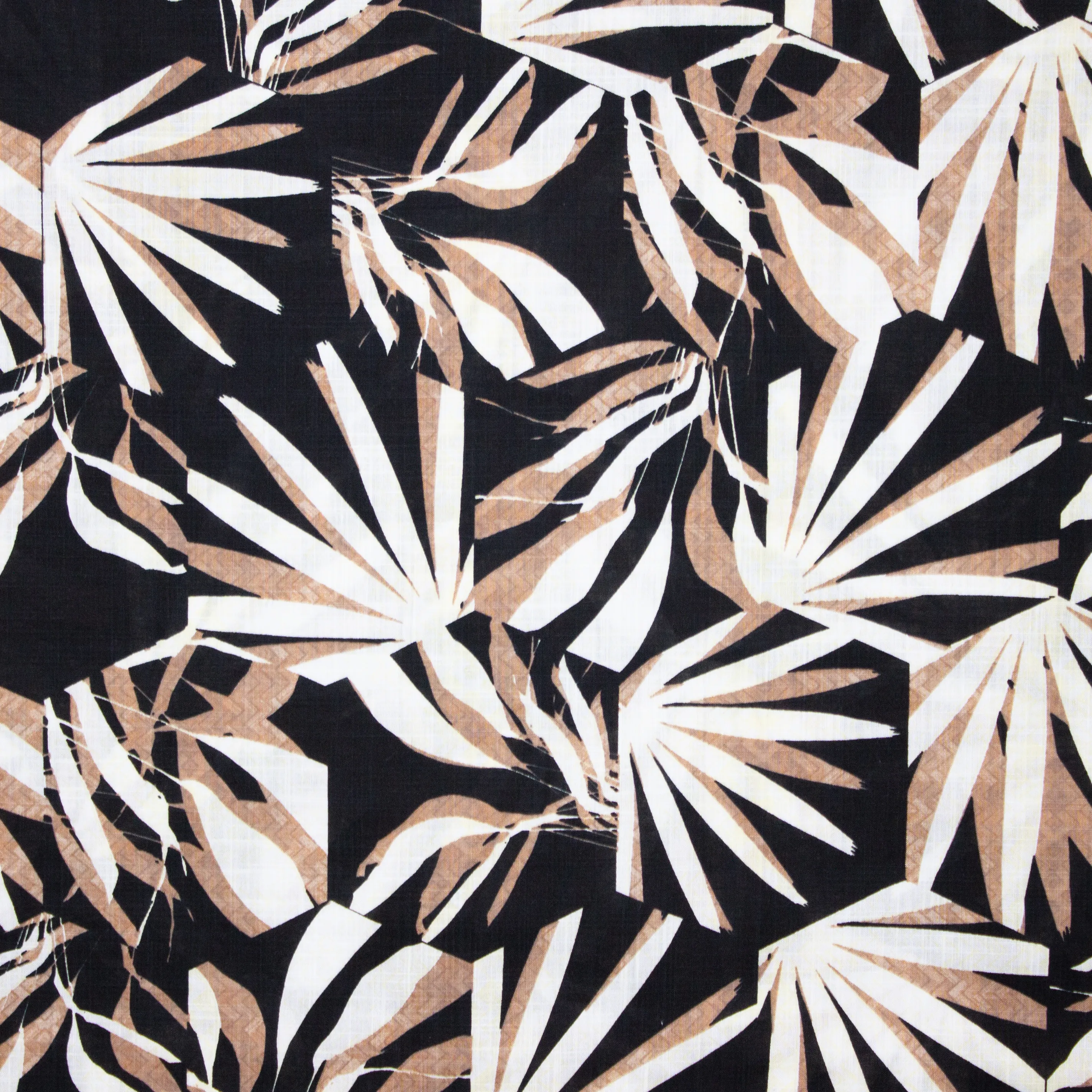 Zwarte Viscose Katoen met Wit/Bruin Bladpatroon van My Image