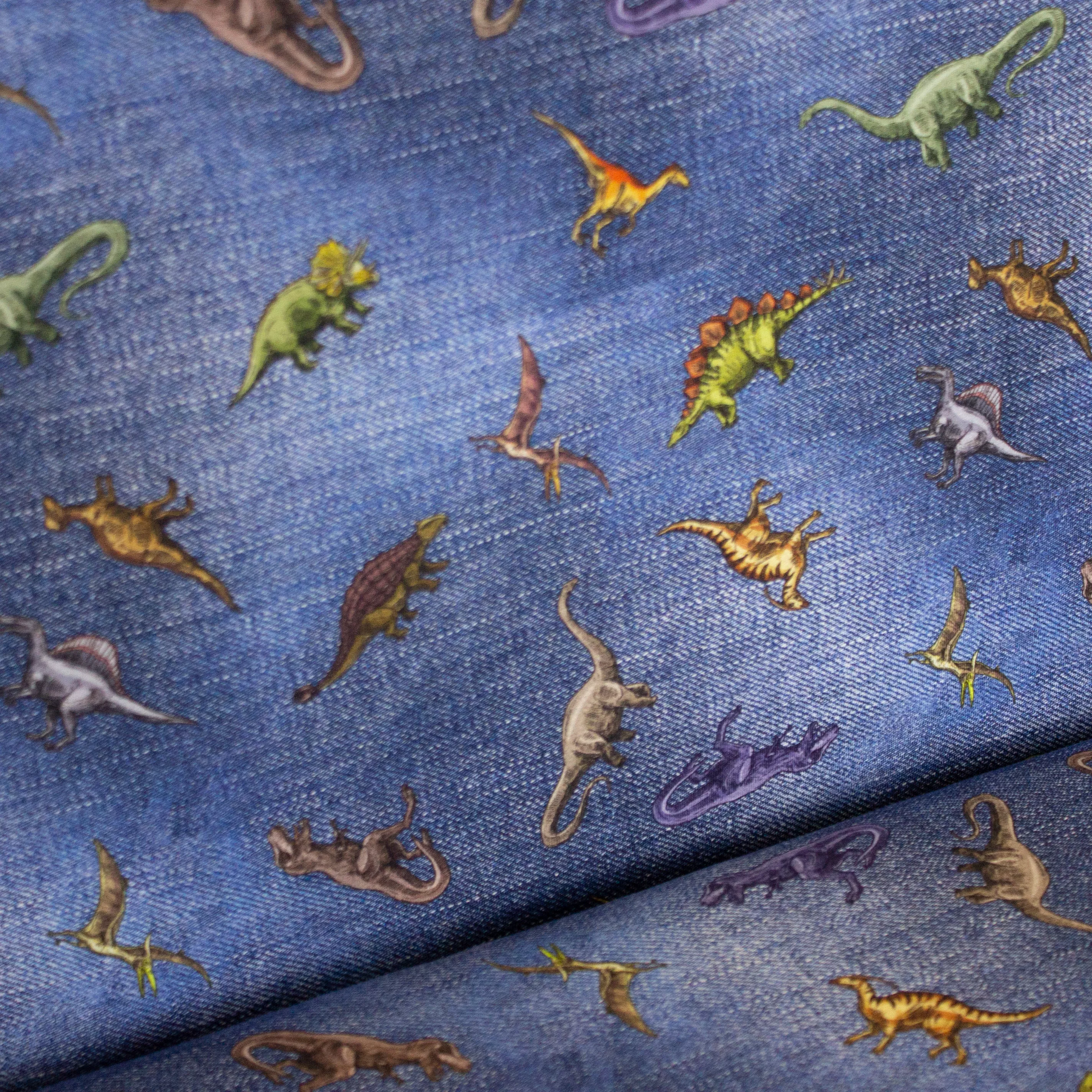 Tricot jeansblauw met dinosaurussen