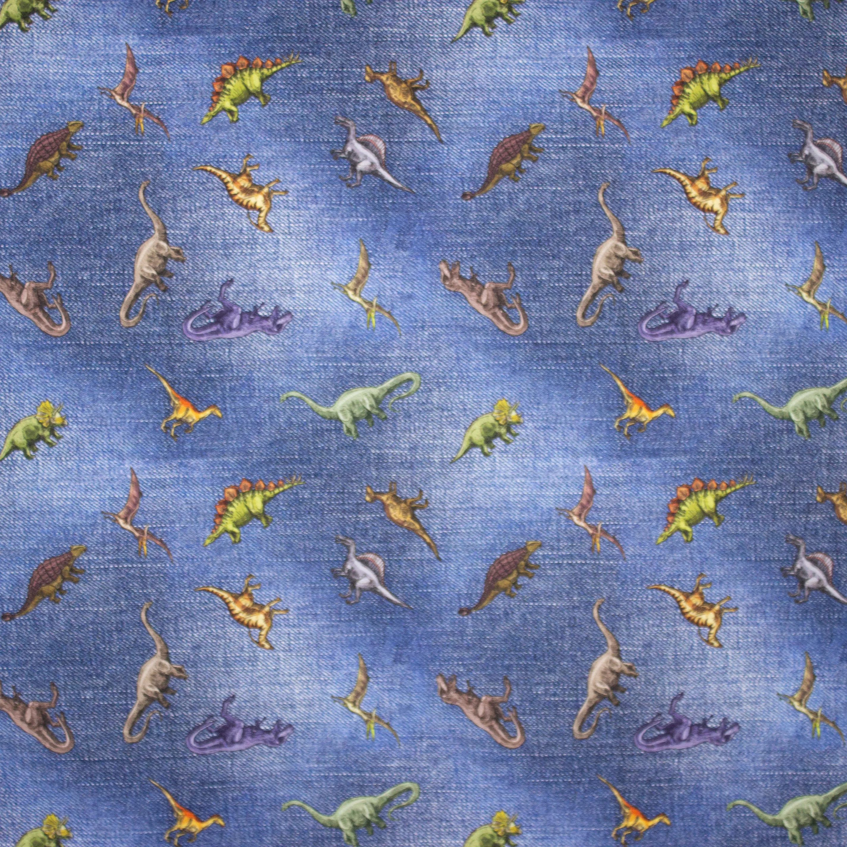 Tricot jeansblauw met dinosaurussen