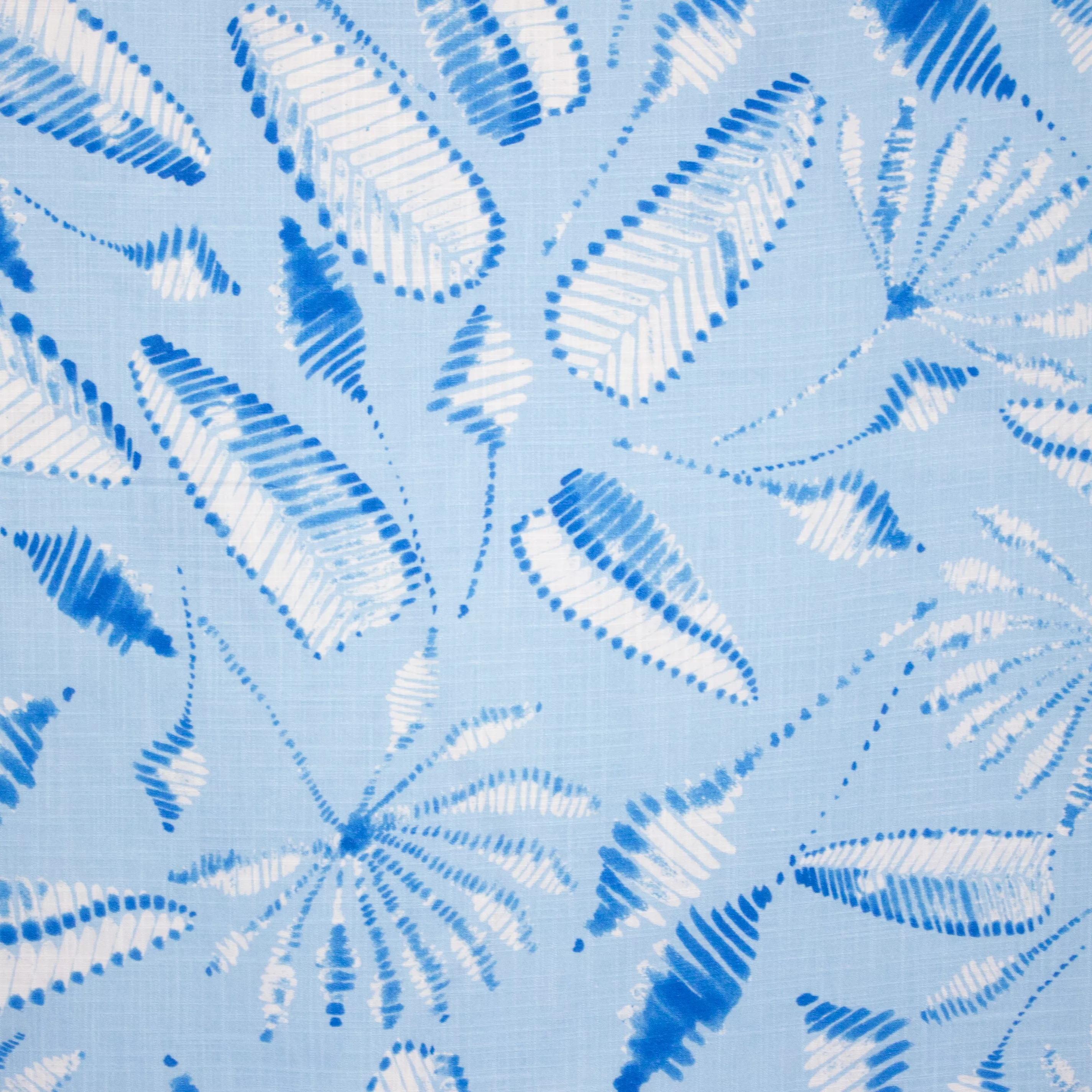 Blauw / witte viscose linnen mengeling met bladeren