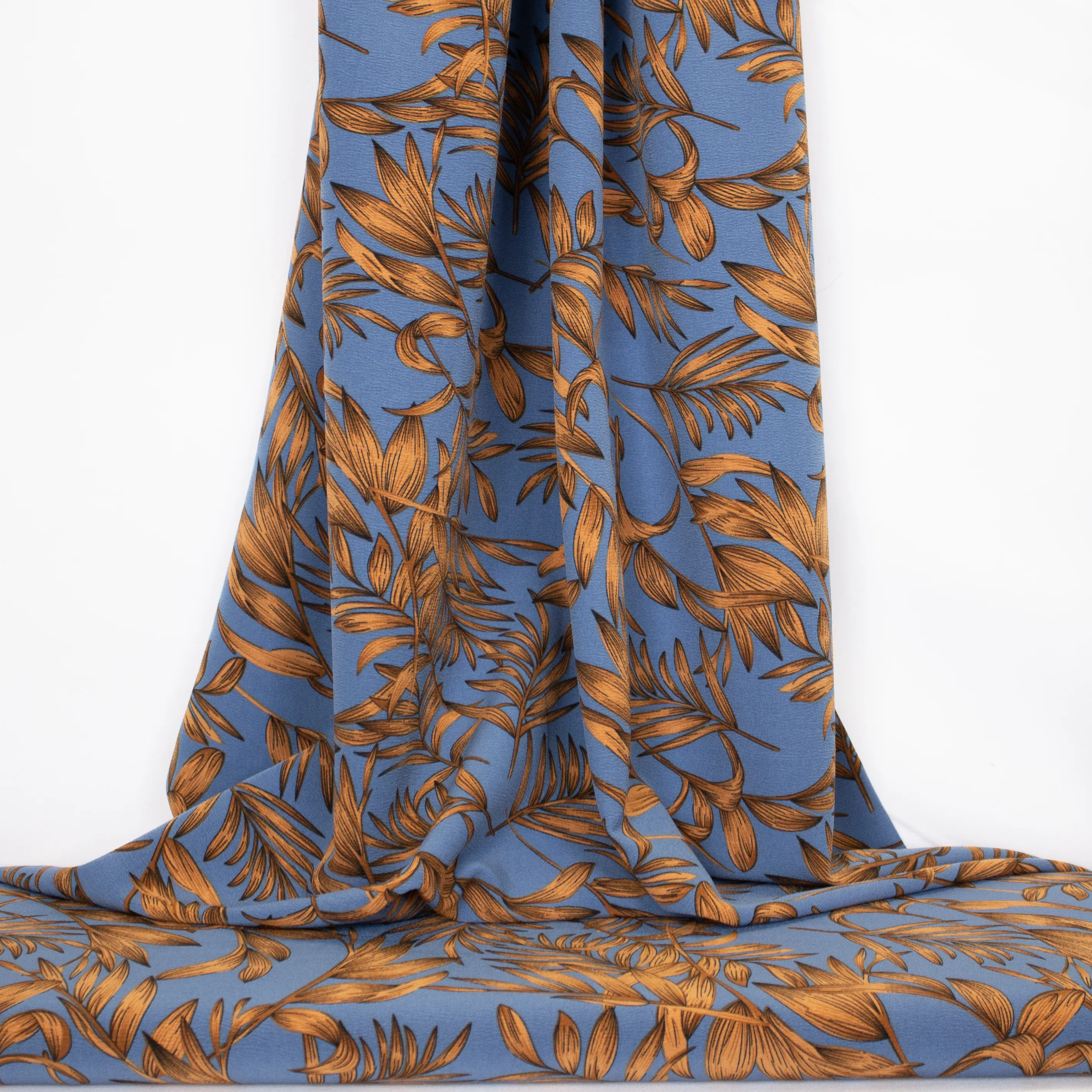 Blauwe Polyester Crêpe met Bladeren van Miss Doodle