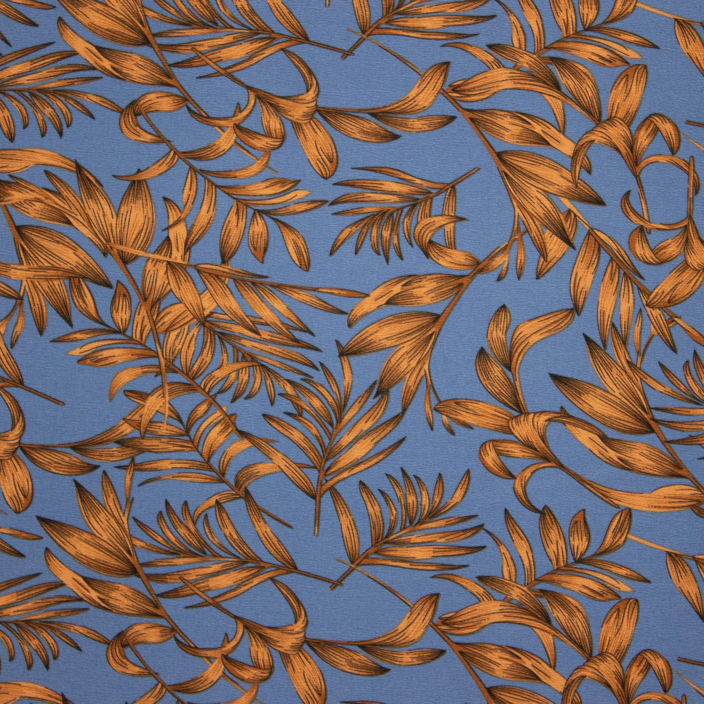 Blauwe Polyester Crêpe met Bladeren van Miss Doodle