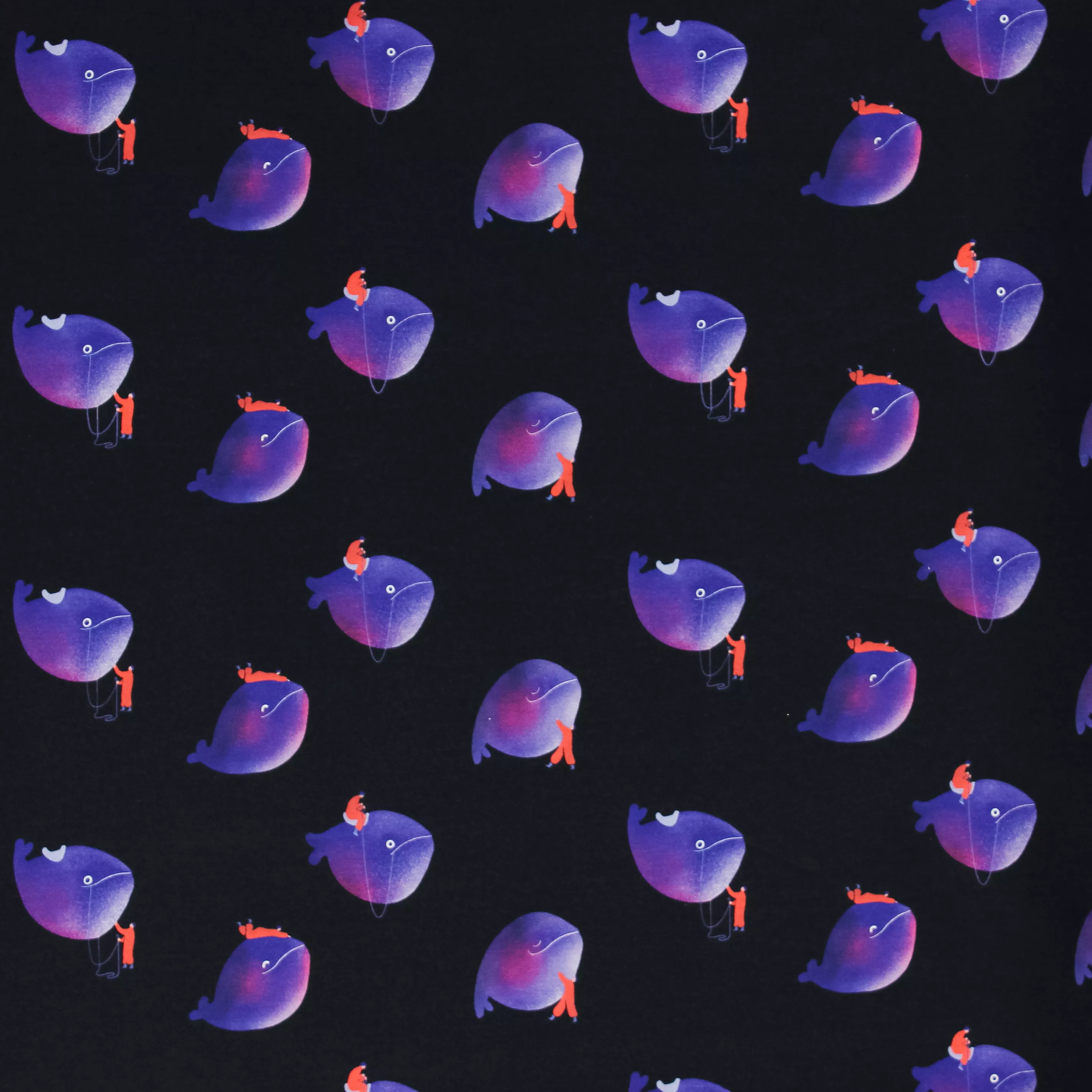 French terry zwart met paarse walvissen 'Whale Riders' - Capsule Fabrics