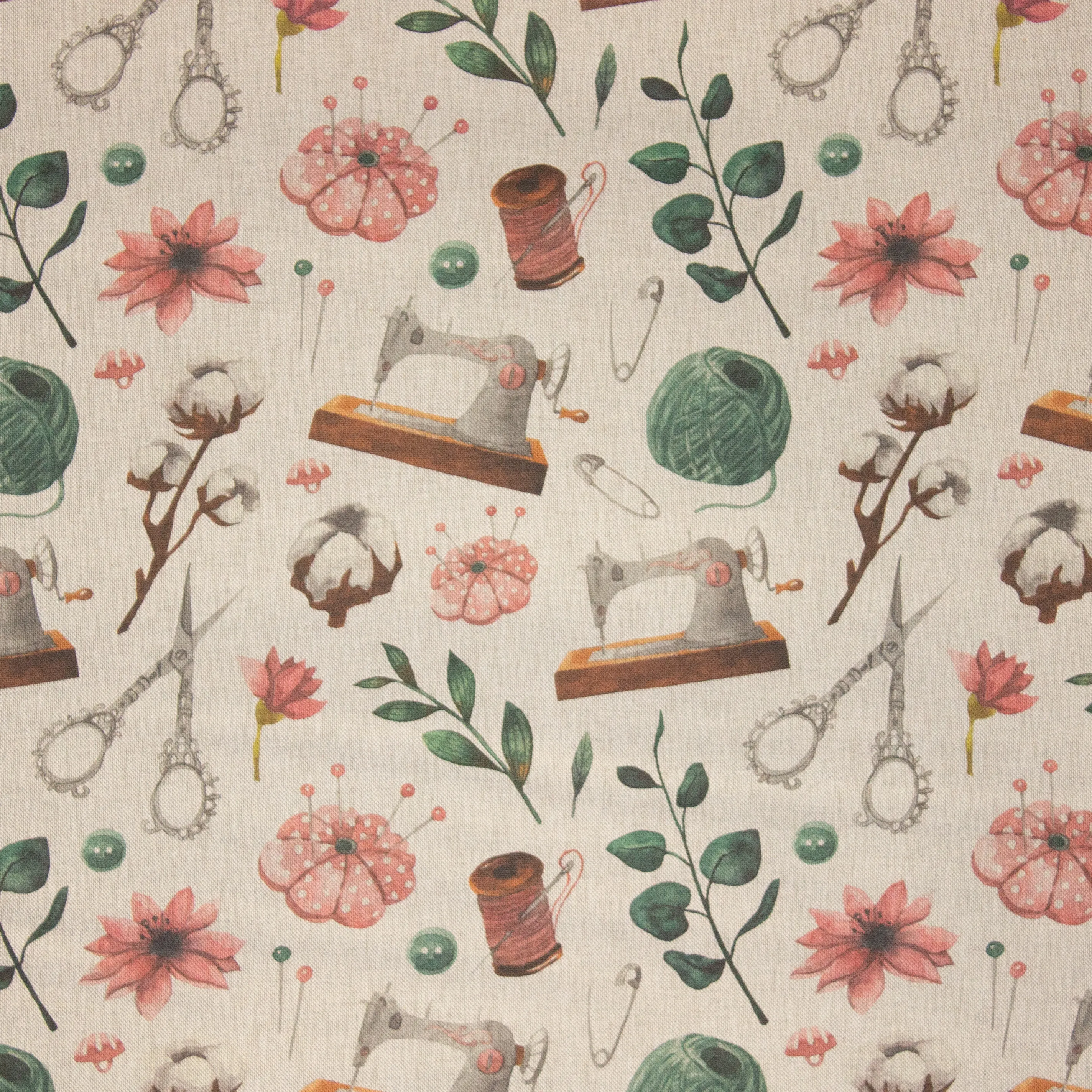 Beige Canvas met Plantjes en Naaiaccessoires
