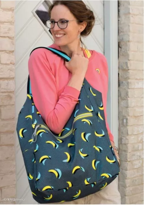 Katoen met gele en turquoise bananen
