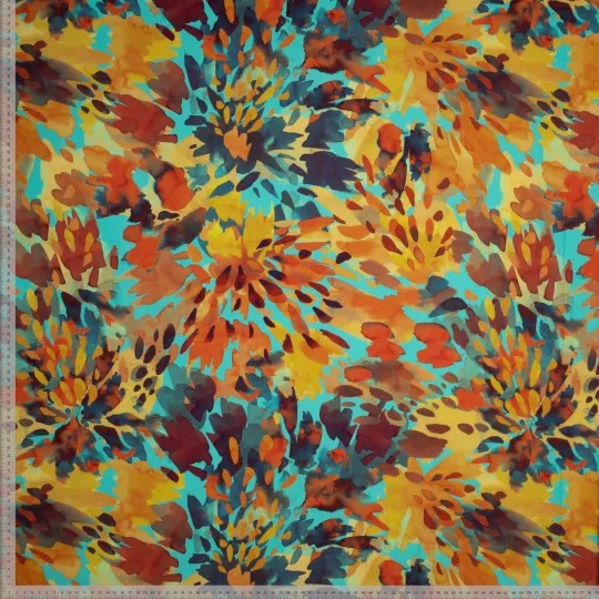 Viscose aquarel oranje-turquoise gevlekt