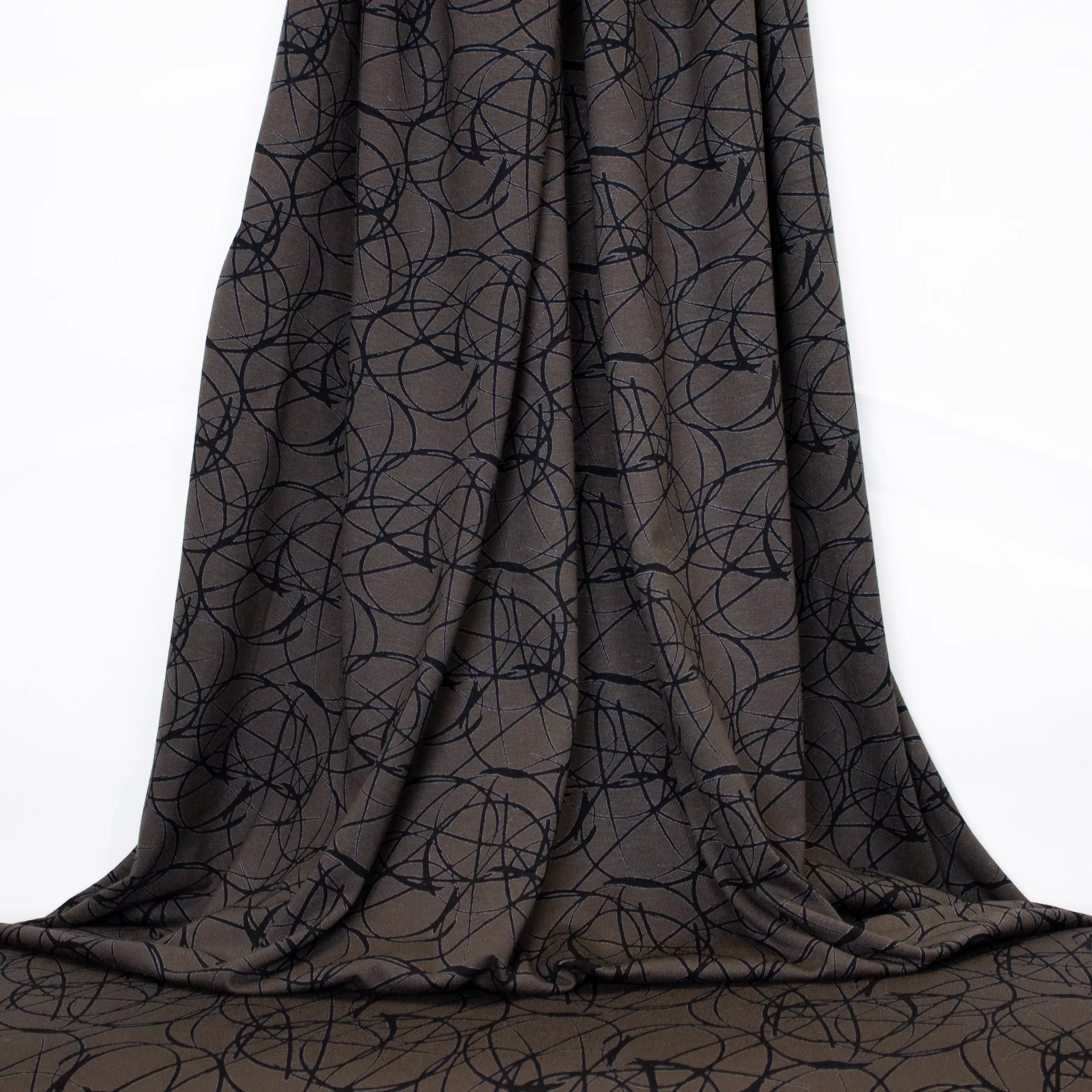 Donkere viscose tricot met abstract zwart motief