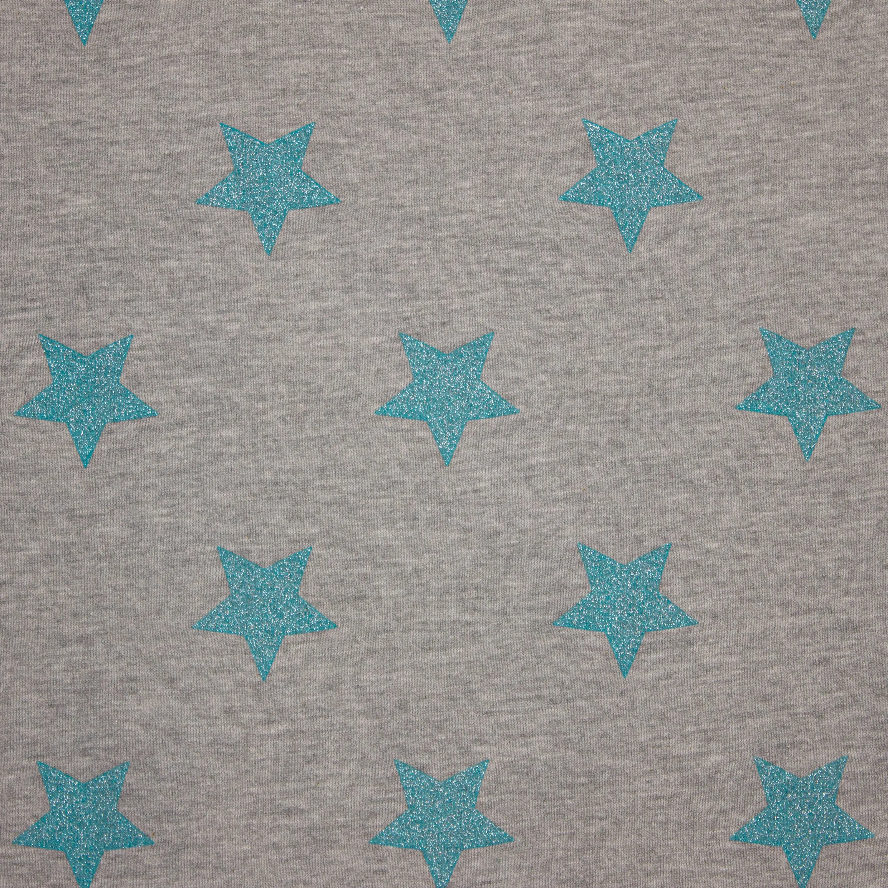 Grijze gemêleerde french terry met turquoise glitter sterren