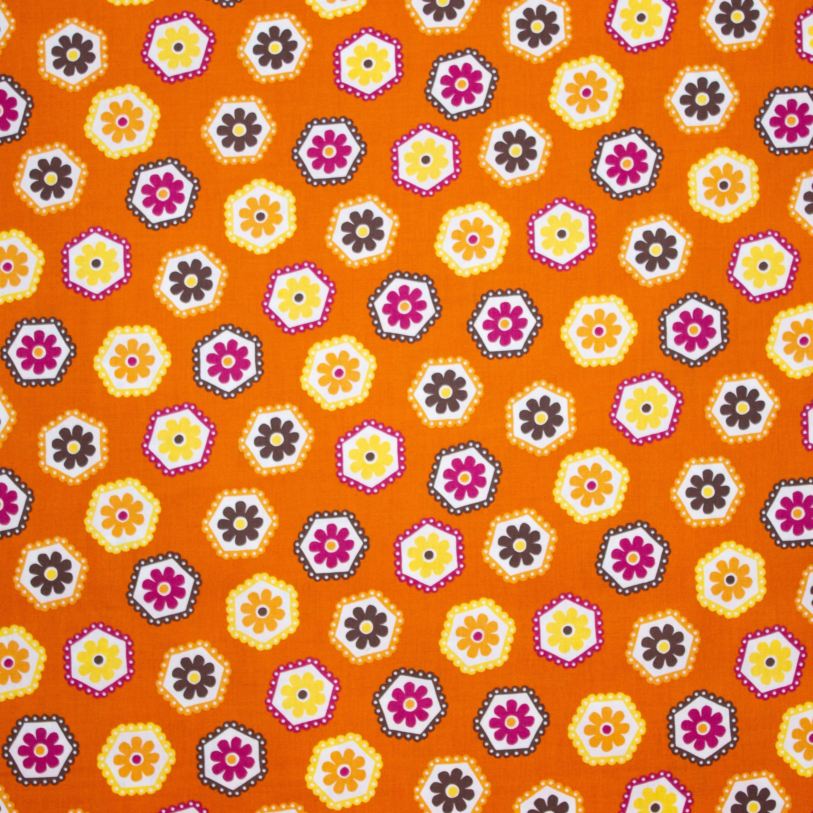 Oranje katoen met retro bloemen