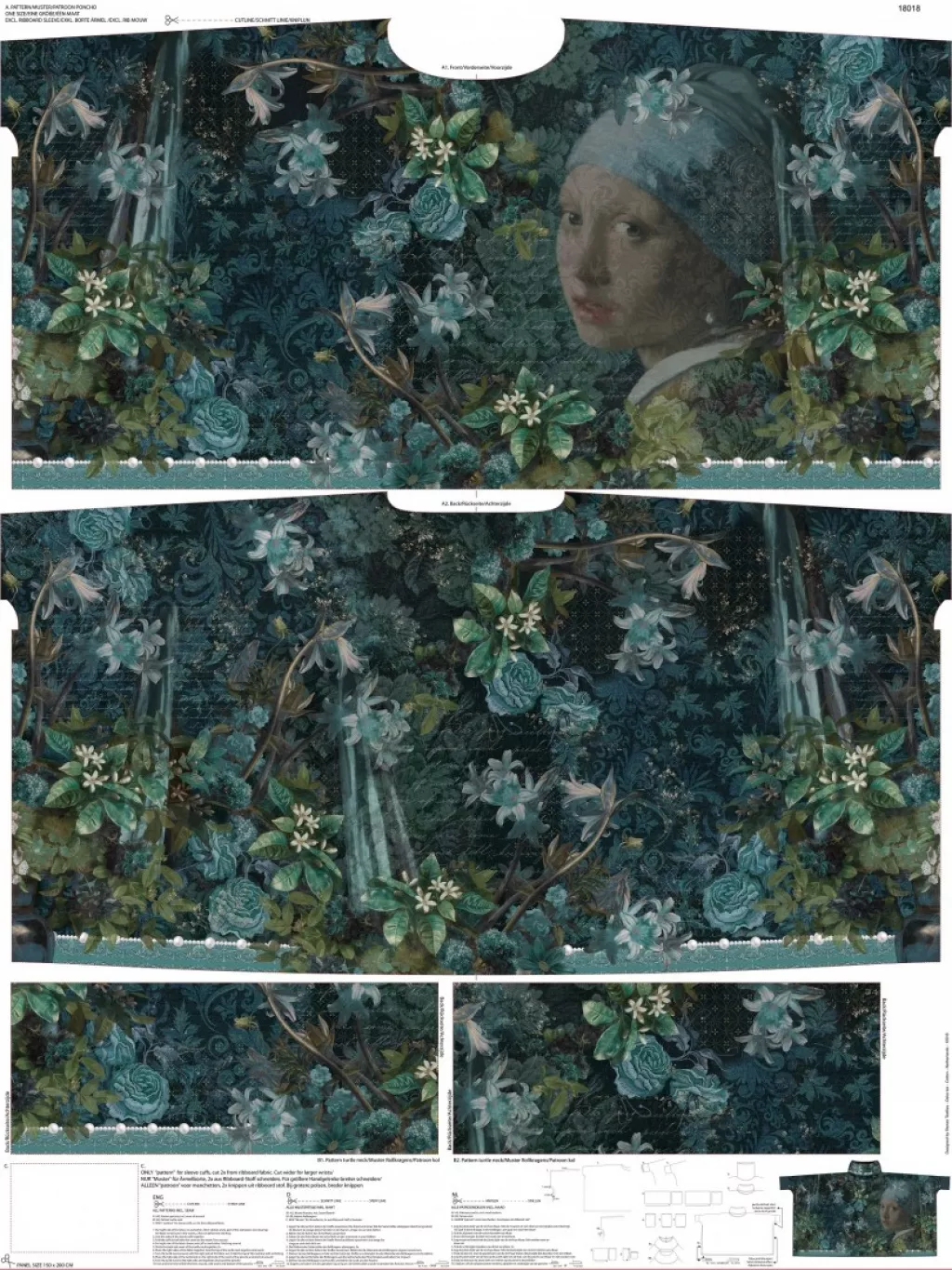 French terry paneel: Poncho met thema 'Girl With The Pearl Earring'