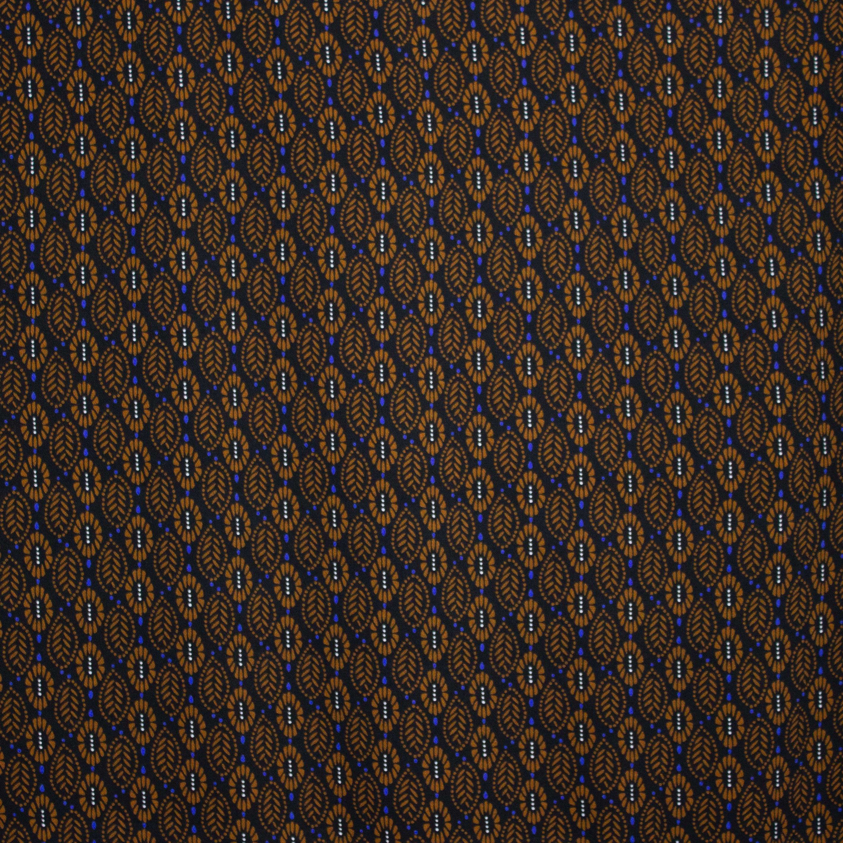 Zwarte viscose met blauw en bruin motiefje
