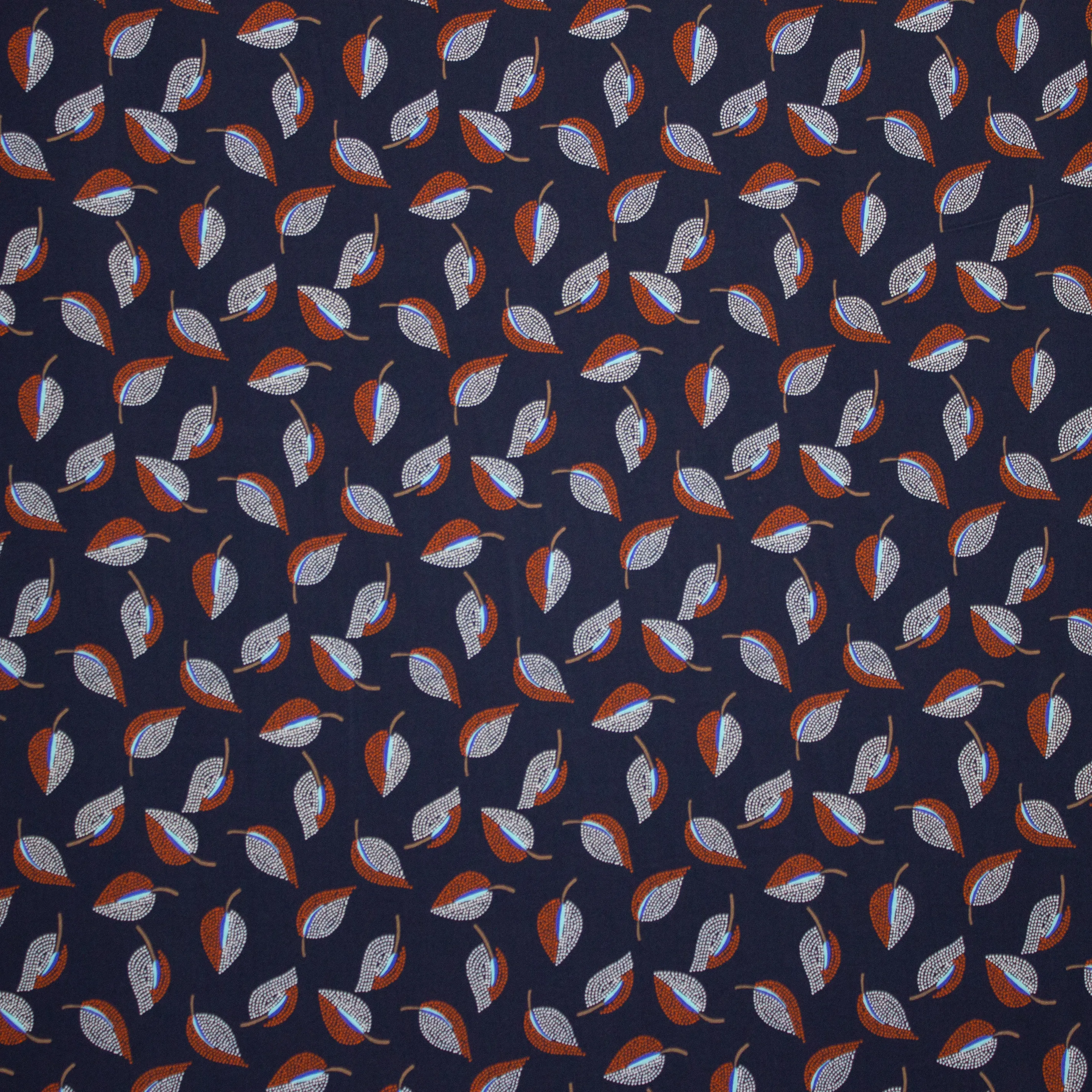 Donkerblauwe Viscose met Bladeren Patroon