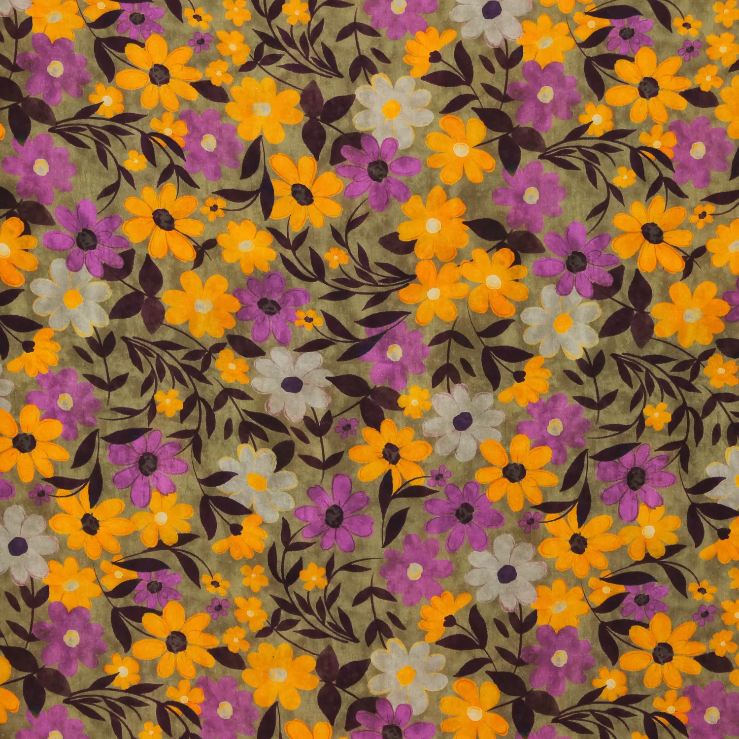 Viscose bruin met oranje en paarse bloemen