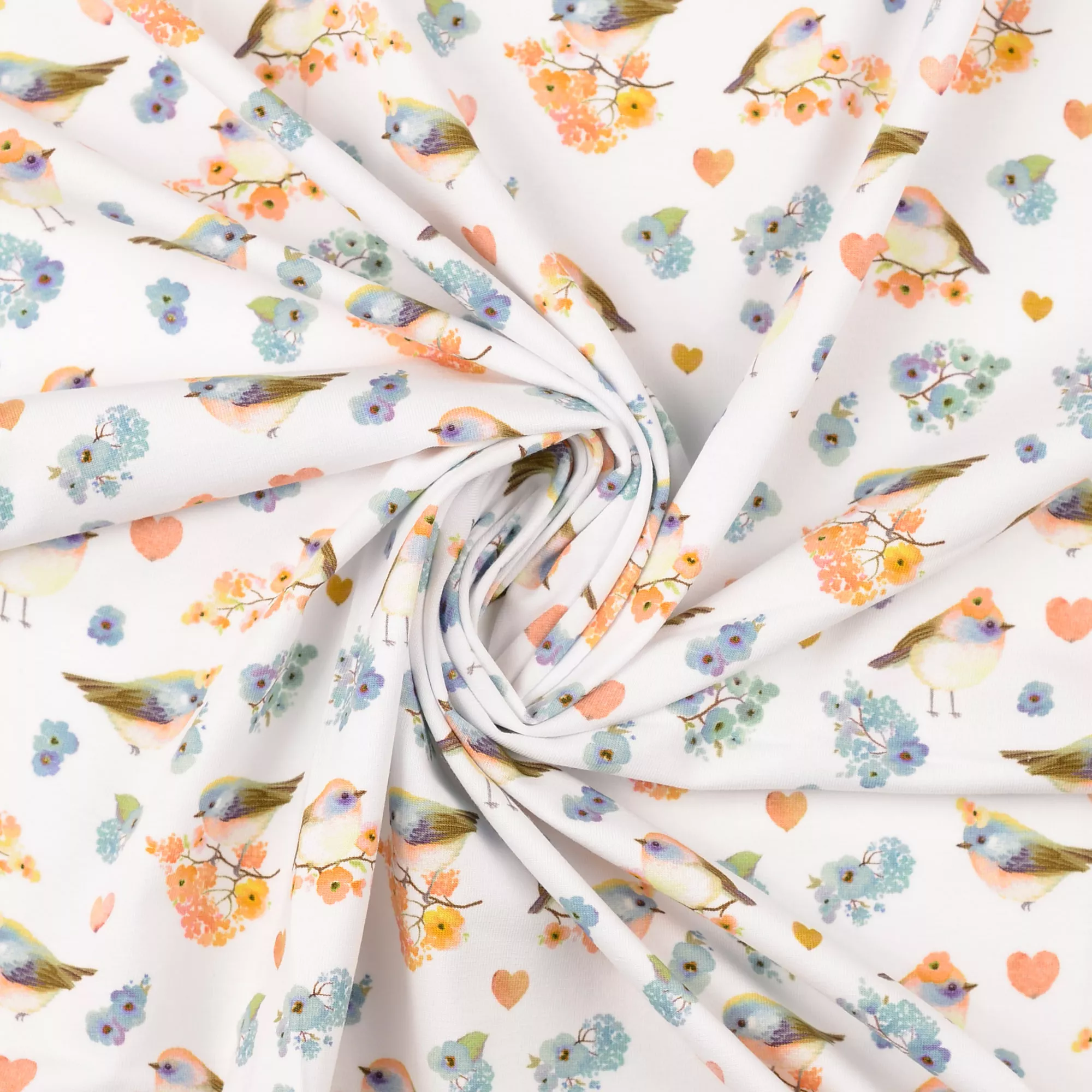 Tricot wit met vogeltjes en bloemen