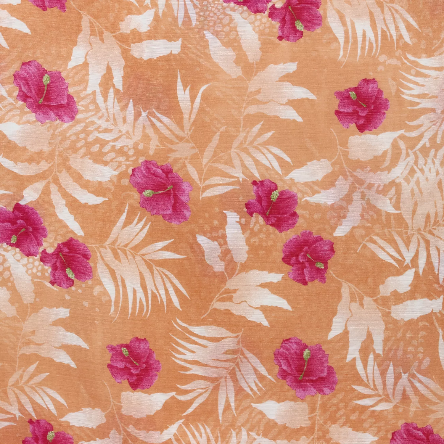 Viscose voile linnenlook abrikoos met fuchsia bloemen
