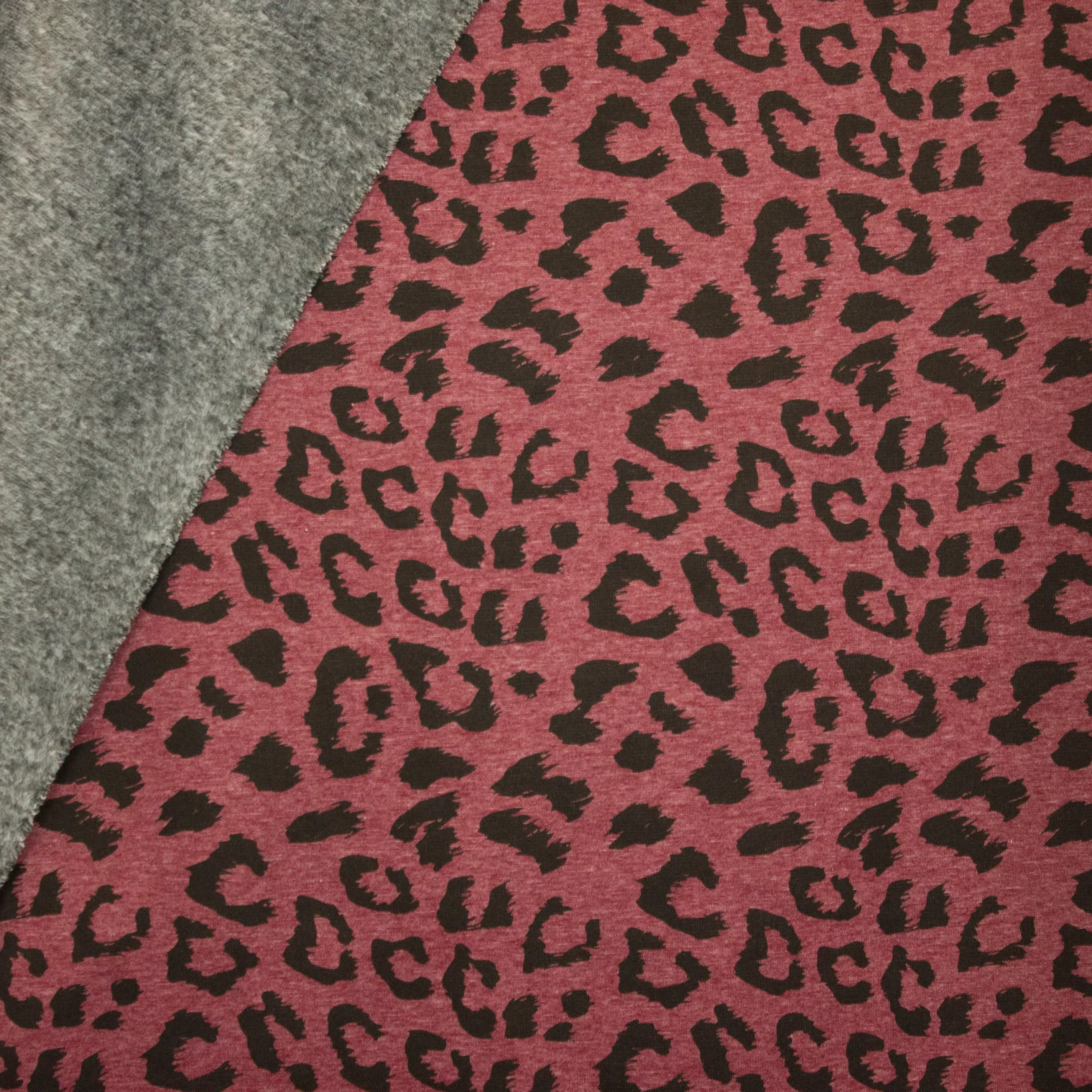 Sweaterstof bordeaux gemêleerde met luipaardvlekken, achterkant grijs pelsje