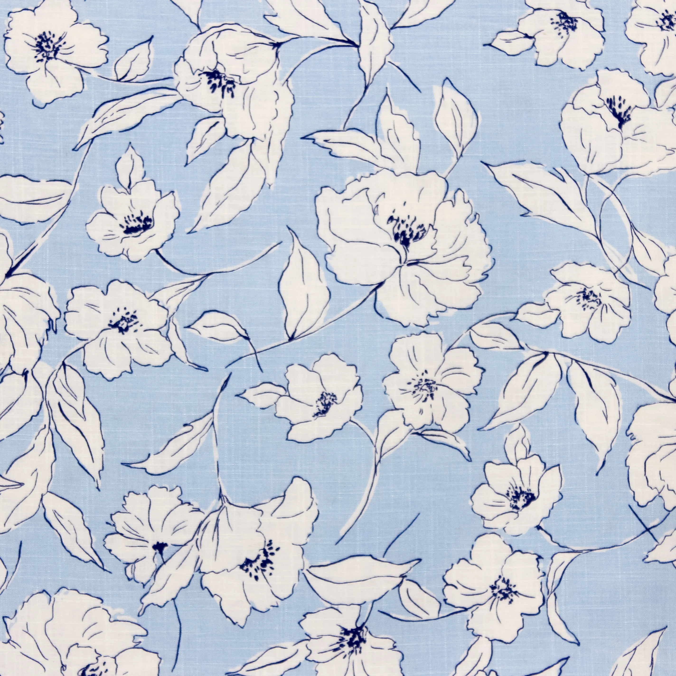 Blauwe viscose linnen met witte bloemen