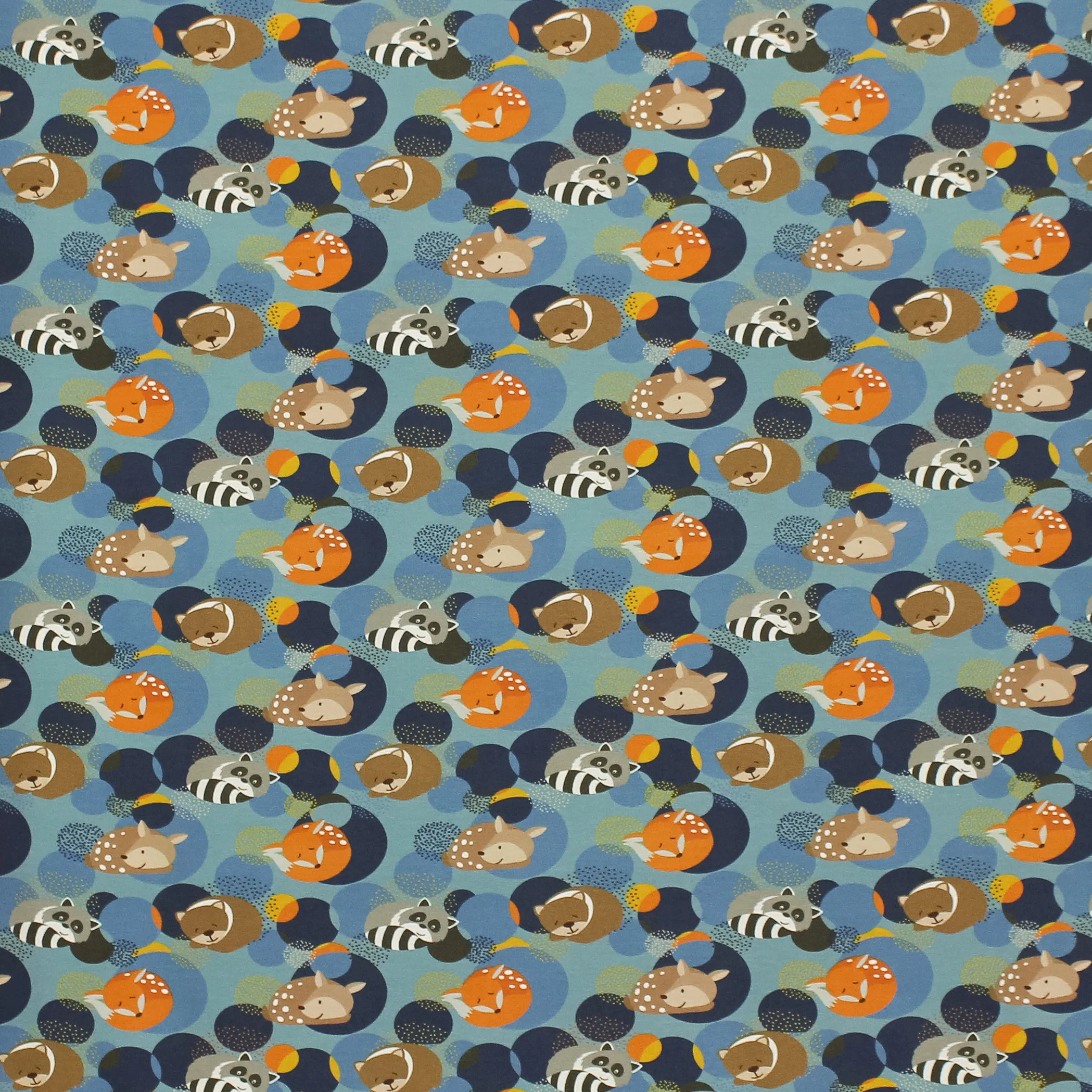 Blauwe tricot met dassen, herten, beren, wasberen en vosjes