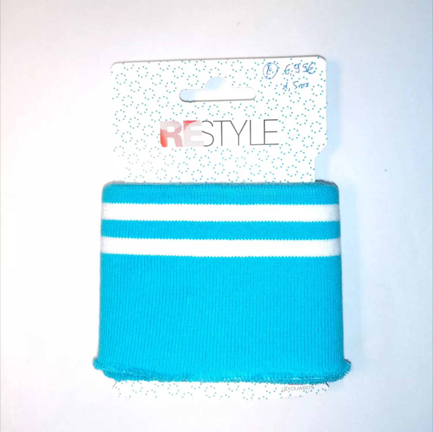 Turquoise cuff (boordstof) met witte strepen