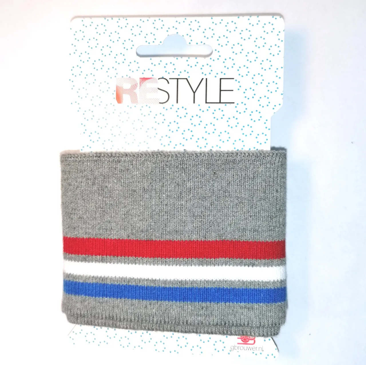 Grijze cuff (boordstof) met witte, rode en blauwe streep