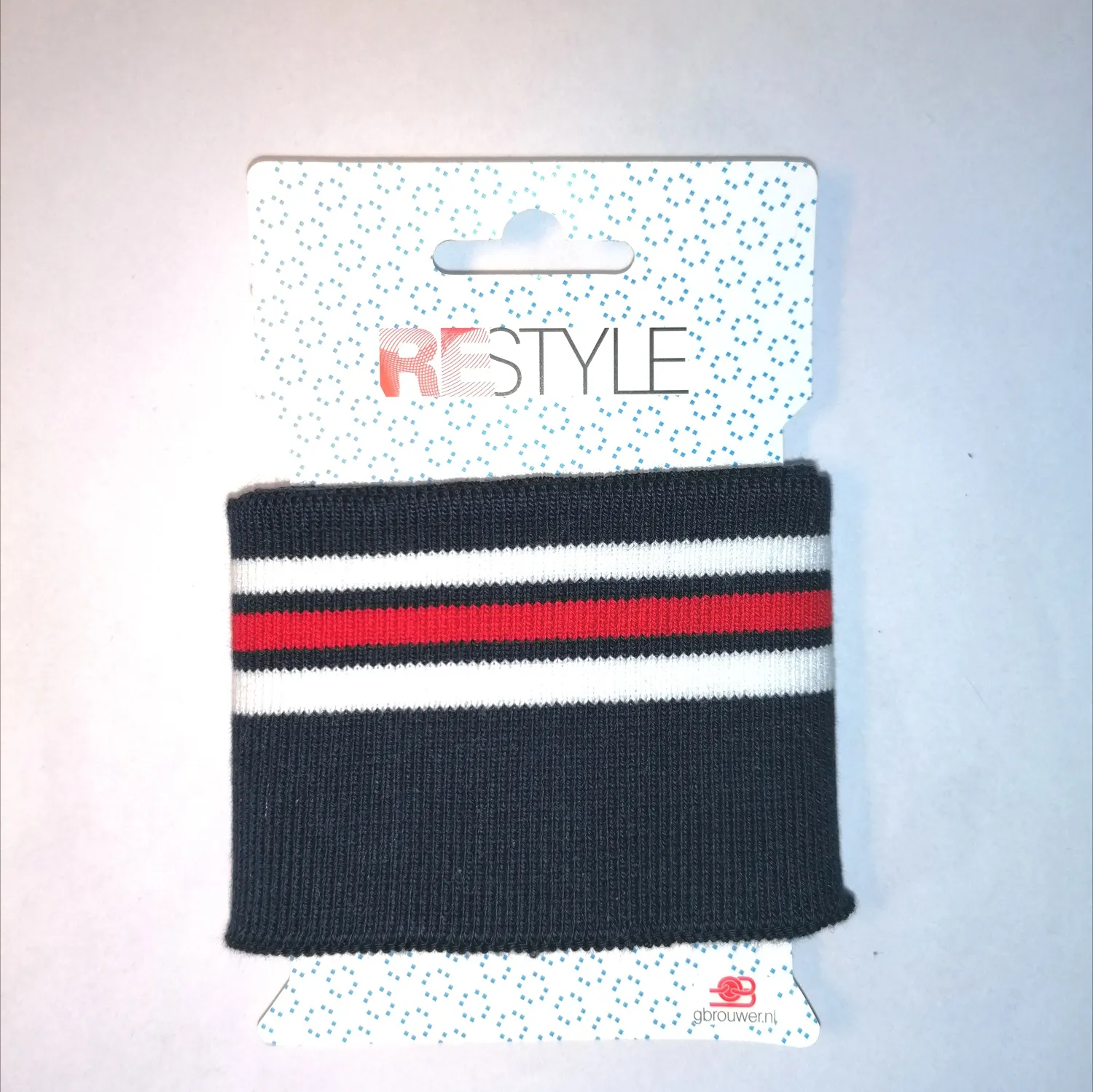 Donkerblauwe cuff (boordstof) met witte en rode strepen