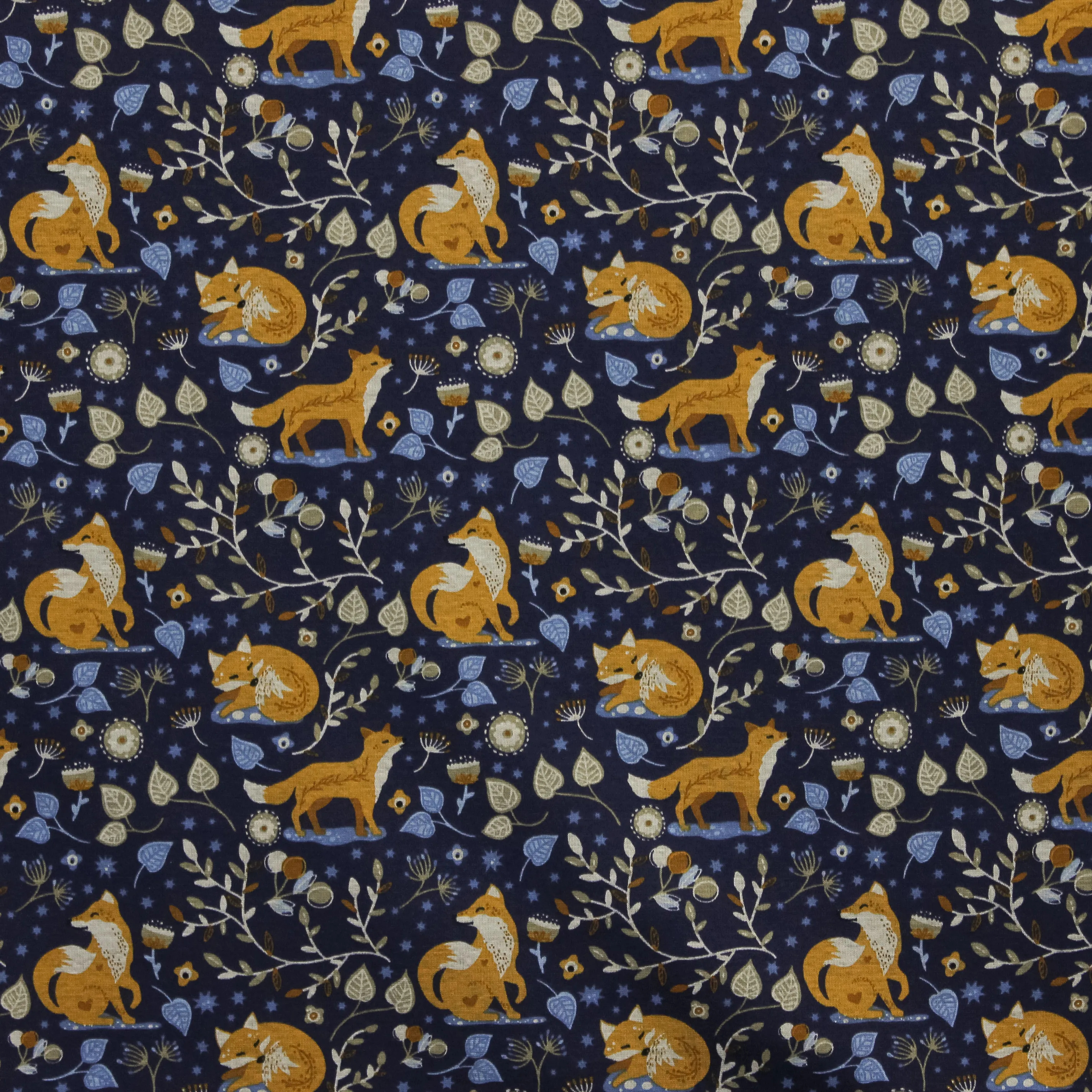 Blauwe polyester katoen met vossen en takjes, zachte achterzijde