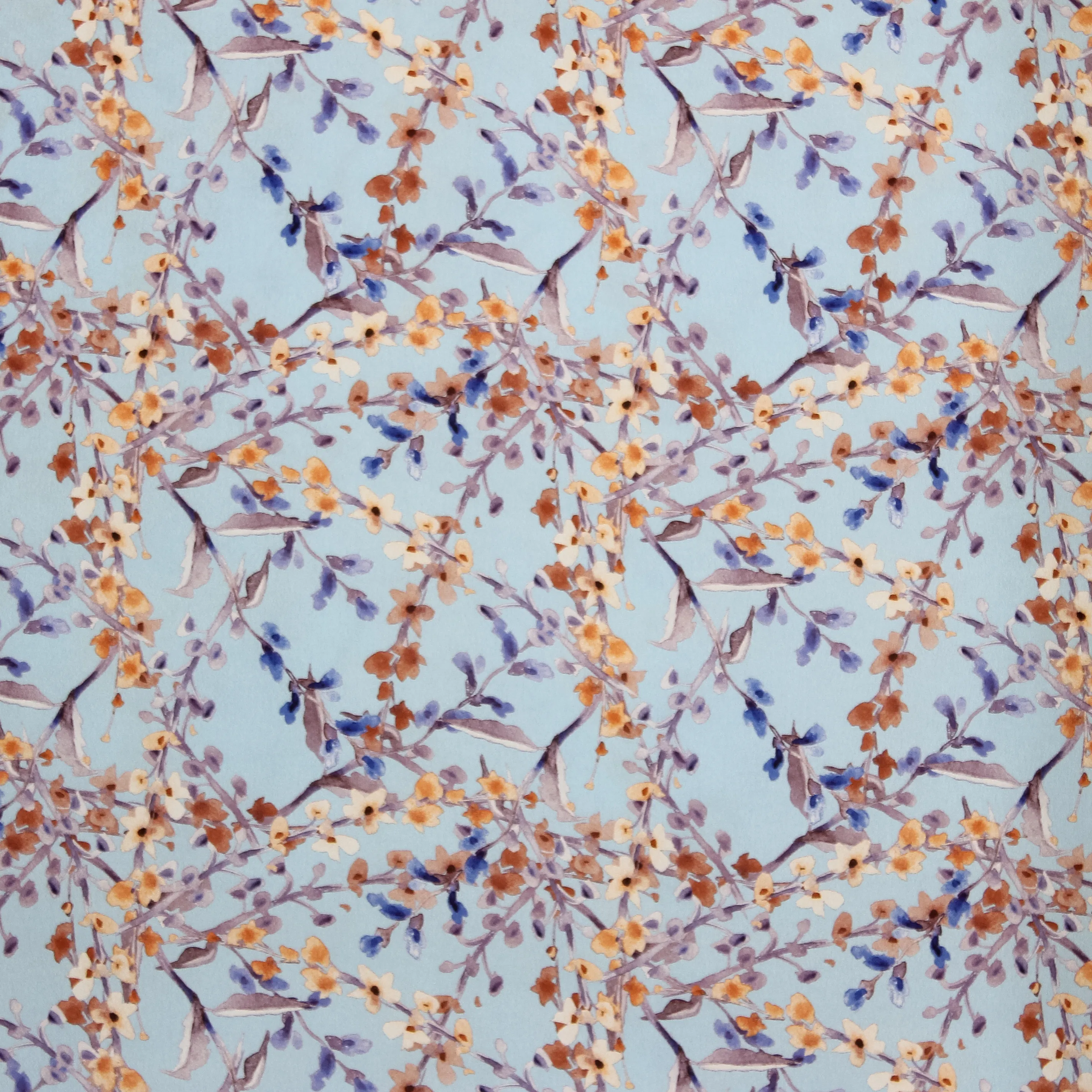 Blauwe polyester met takjes en bloemetjes
