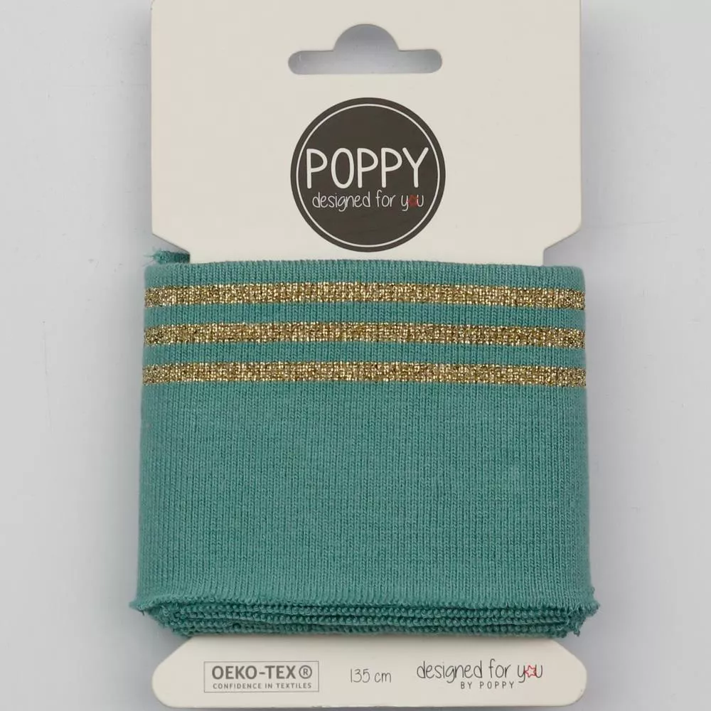 Turquoise cuff (boordstof) met gouden glitter lijnen van Poppy