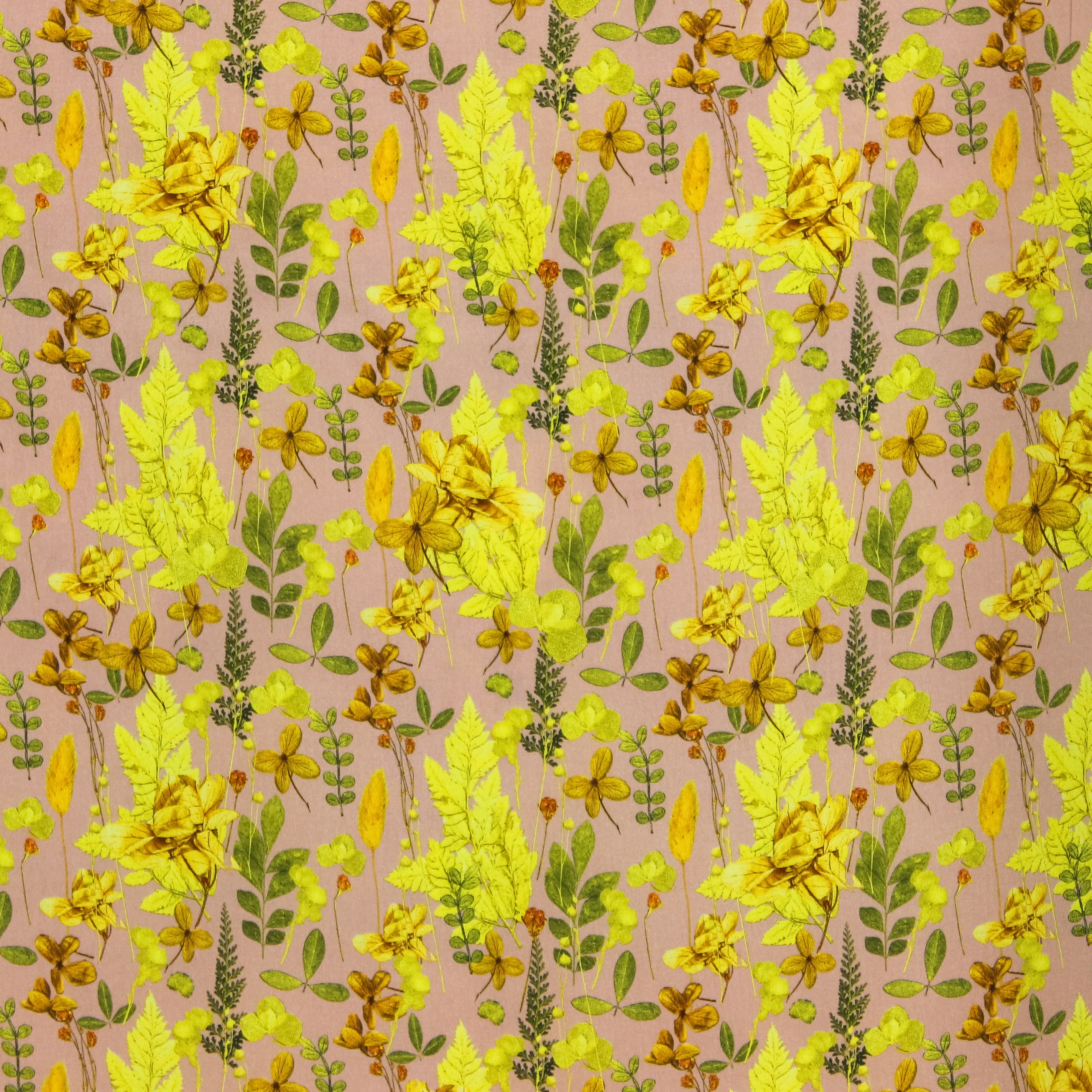 Beige viscose met gele / groene bloemetjes en takjes