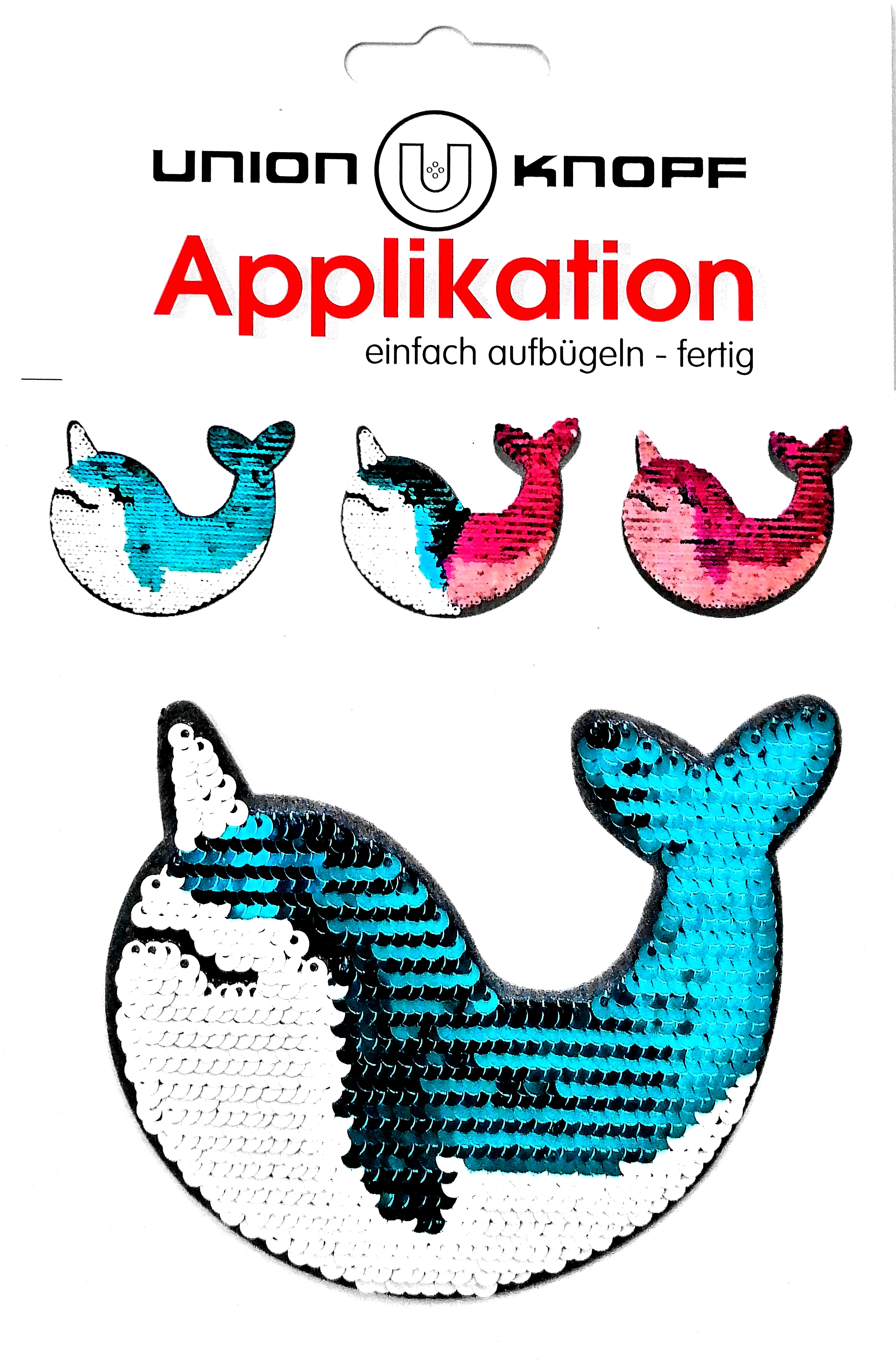 Opstrijkbare omkeerbare pailletten applicatie - narwal wit / turquoise - 12 x 9,5 cm