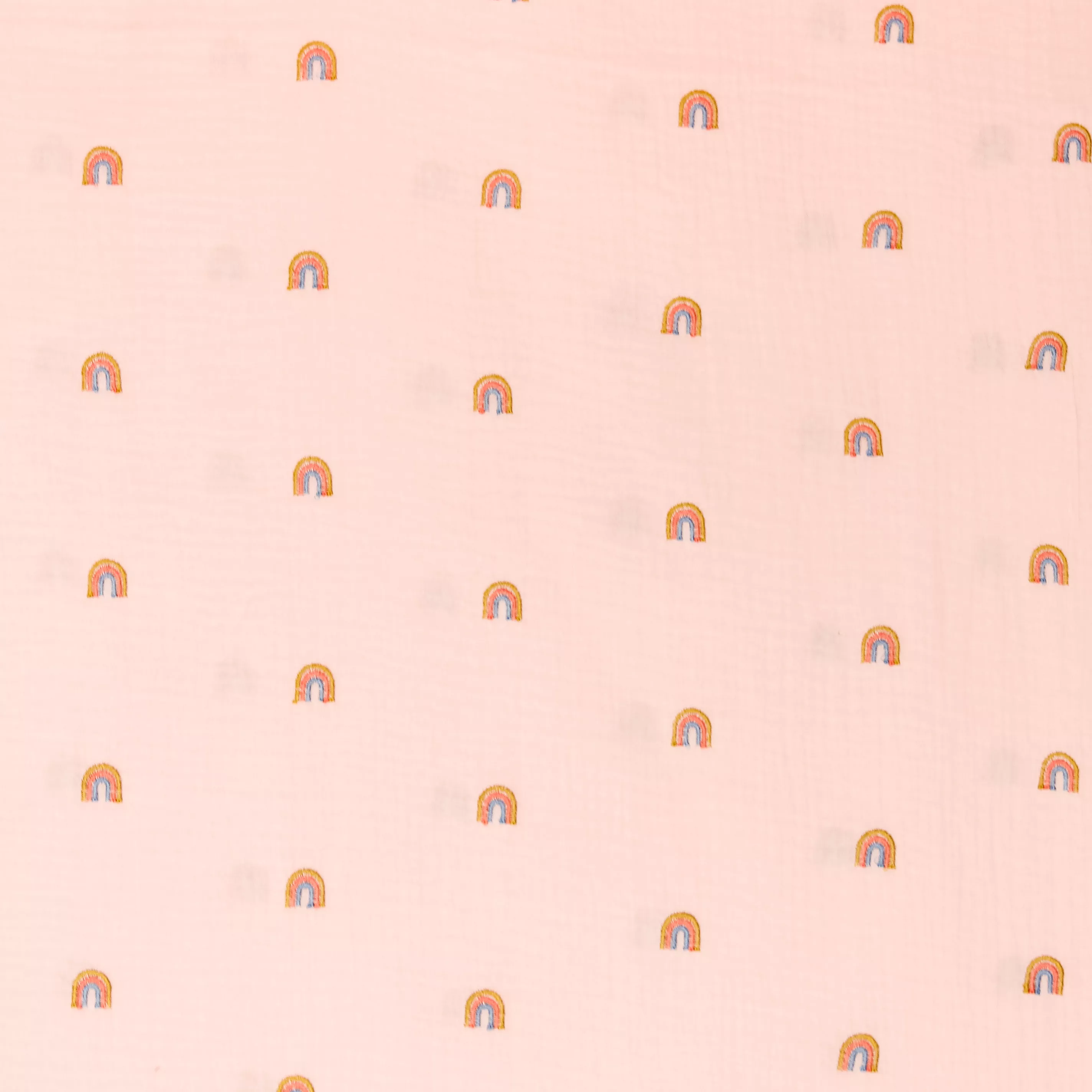 Lichtroze double gauze met geborduurde regenbogen