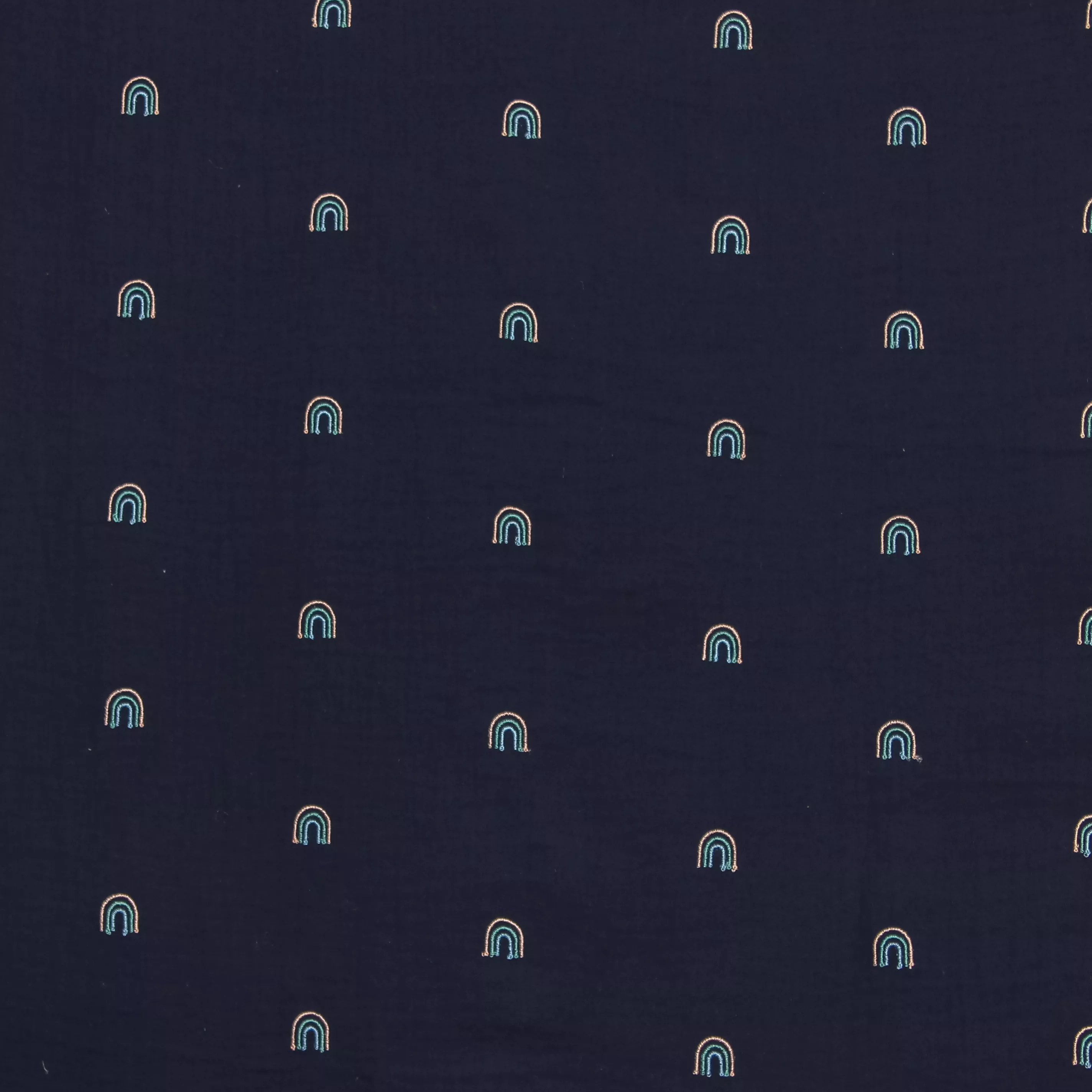 Double gauze donkerblauw met geborduurde regenbogen