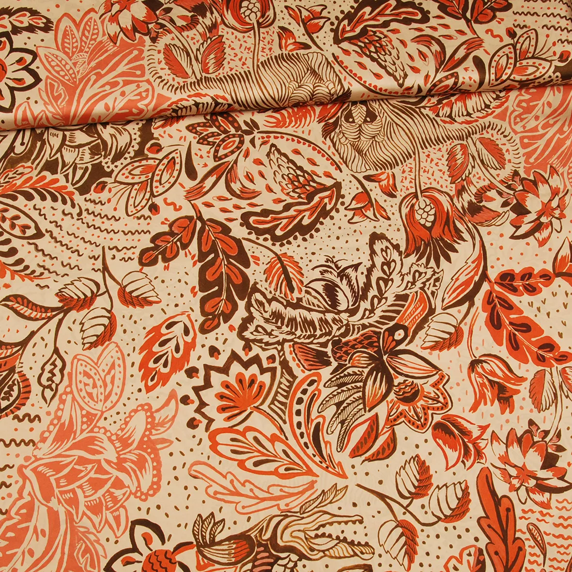 Beige polyester met bladeren - Knipmode Collectie Lente-Zomer 2022