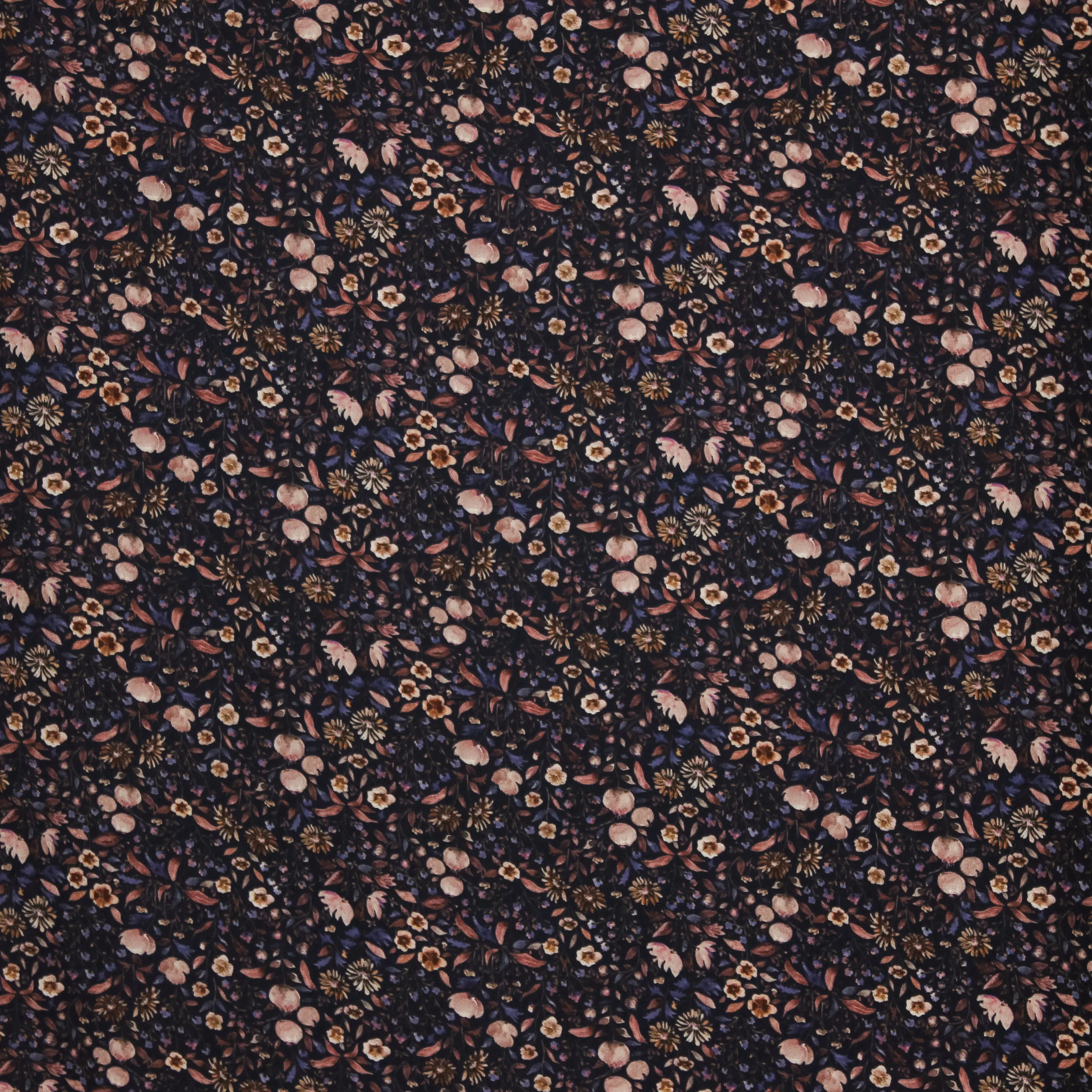 Blauwe viscose met kleine roze en bruine bloemetjes