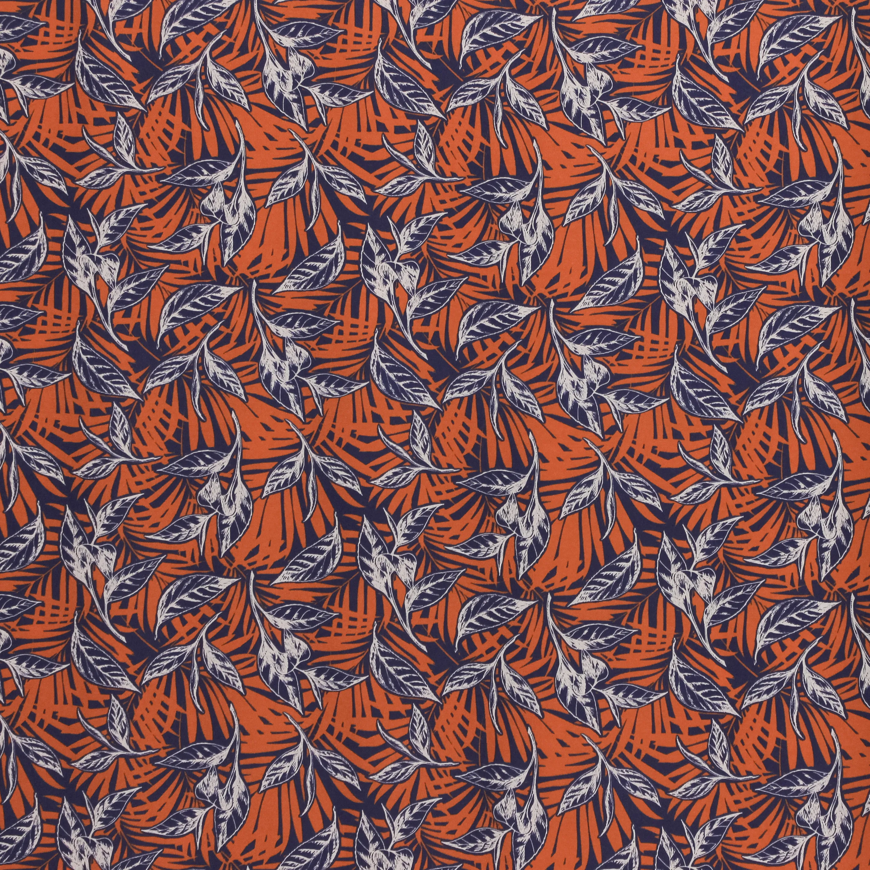 Blauwe viscose met oranje / witte bladeren- Knipmode Collectie Lente-Zomer 2022